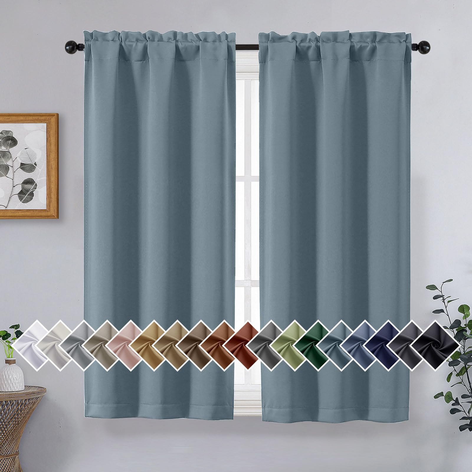 OVZME Stone Blue Short Blackout Curtains for Bedroom 45 Inches Long 2 Panels, Solid Thermal Insulated Blackout Curtains, Energy Saving Soft Fabric Window Drapes, Dual Rod Pocket, 2x40Wx45L Inches