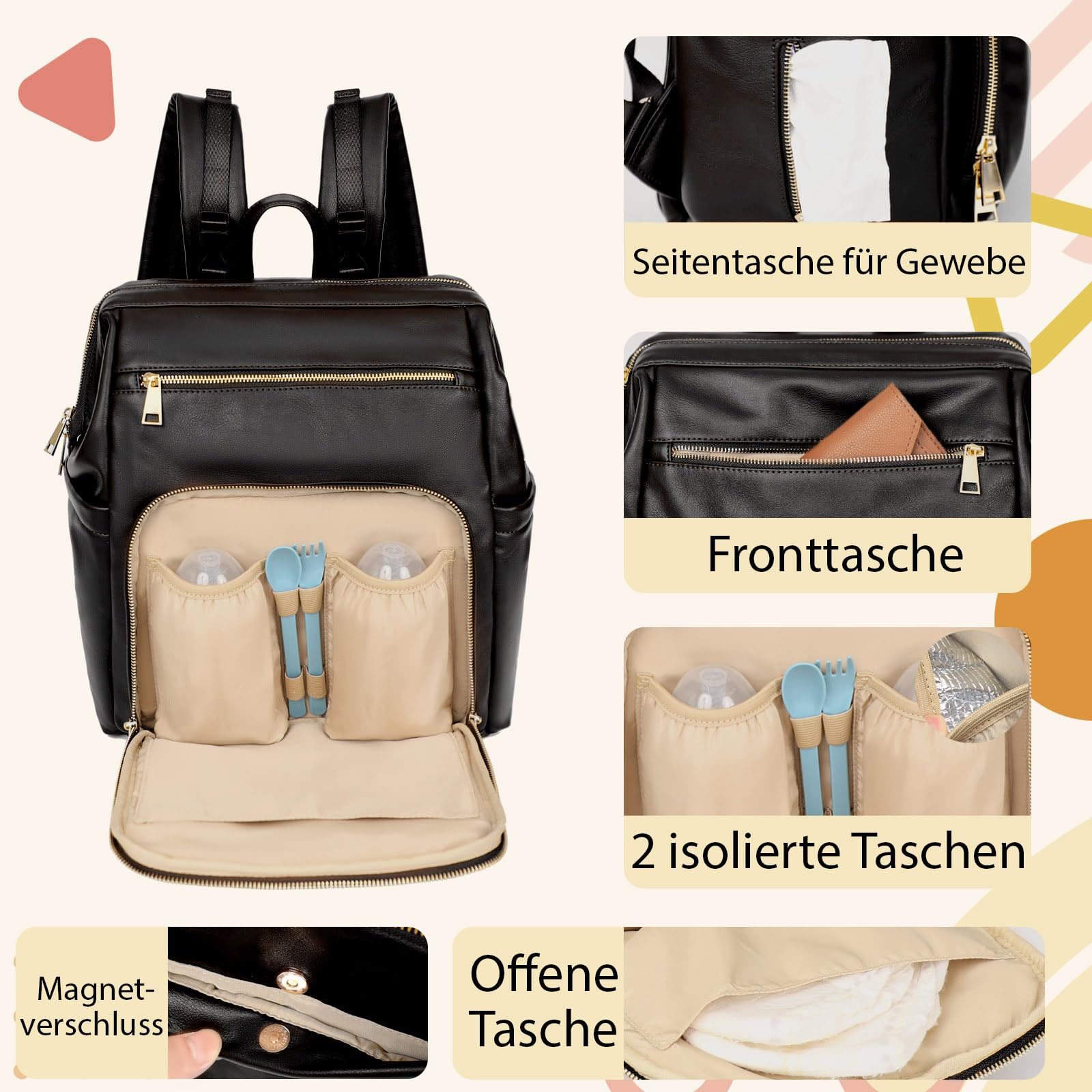 MISS FONG Wickelrucksack Wickeltasche Große, Baby Rucksack Wickelrucksack Leder Lässig Babytasche Kapazität Mit 18 Wickeltasche Organizer, Wickelunterlage für Mama & Papa-Schwarz