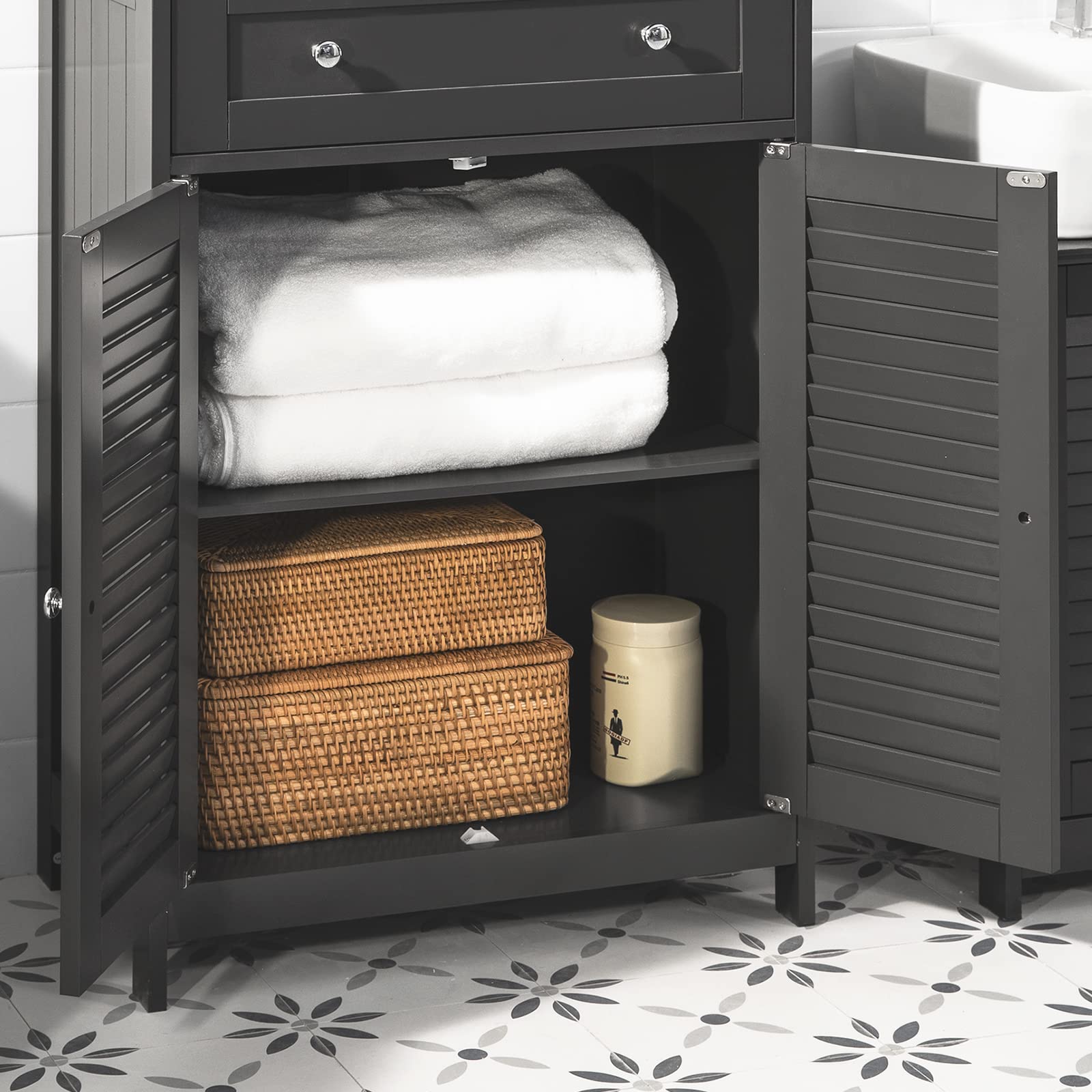 SoBuy Mueble Baño Auxiliar Mueble Versátil con Cajón 60x87x35cm Gris Oscuro | Armario de Baño, Resistente a la Humedad – Mueble Ahorraespacio para Baño, Pasillo, Cocina de Madera, FRG238-DG