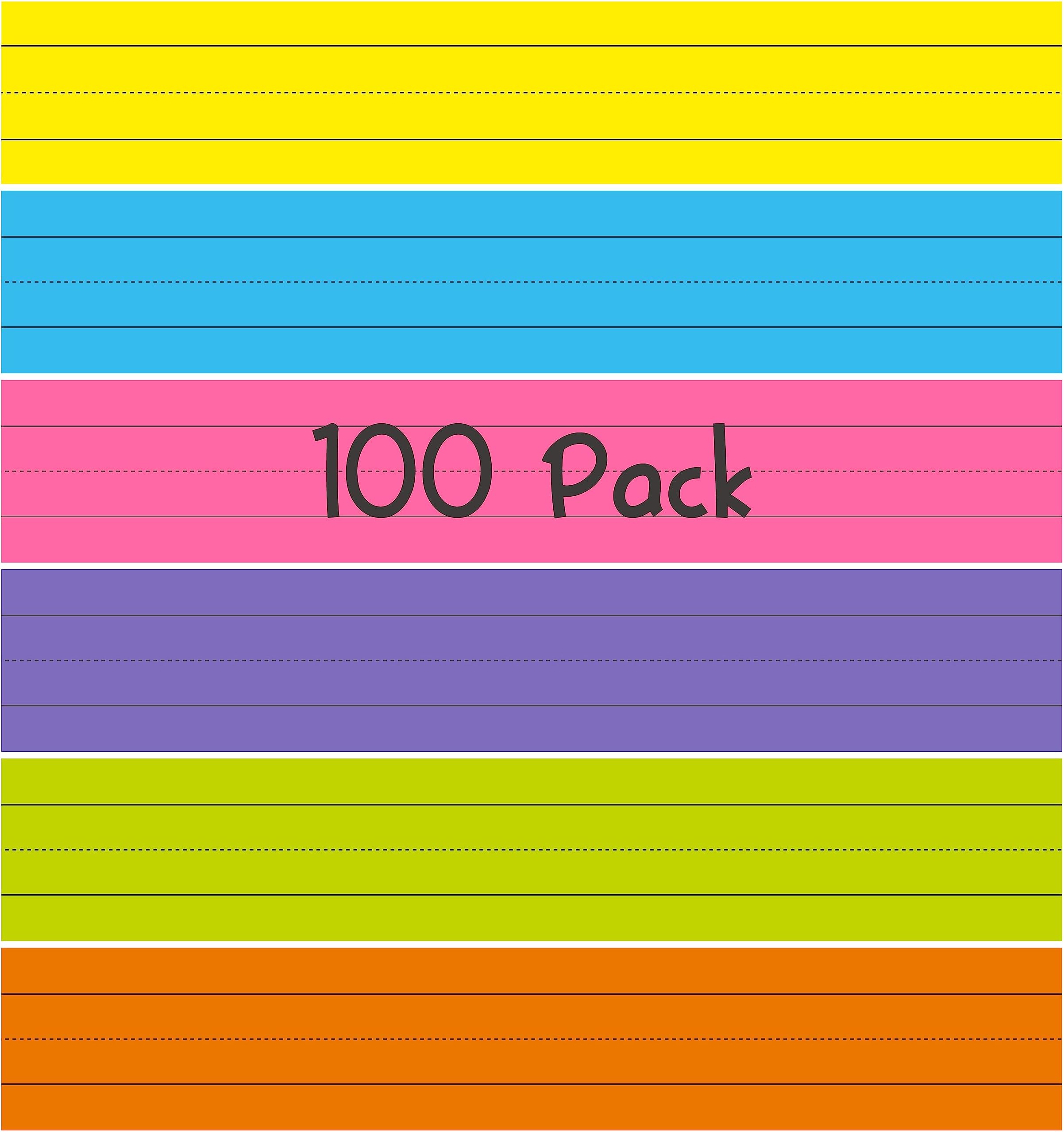 100 Pack Sentence Strips, Ruled Sentence Strip Lined Paper for Handwriting Practice Learning Tool Classroom School, Office Supplies (6 Assorted Colors, 17” x 3”)
