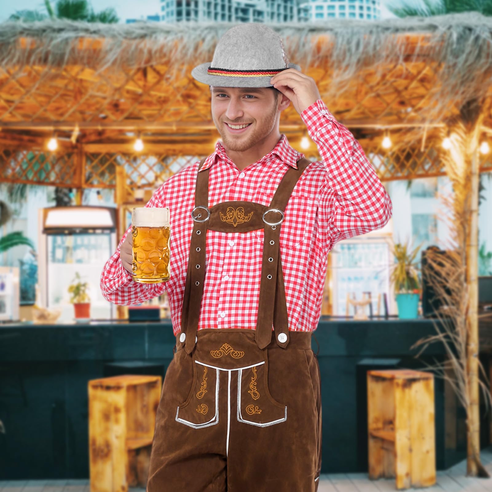 Herren Trachten Set, Oktoberfest Kostüm Set, Trachtenset Herren Komplett mit Trägern + Trachten Hemd Bayerische Oktoberfest (Hose + Hemd)
