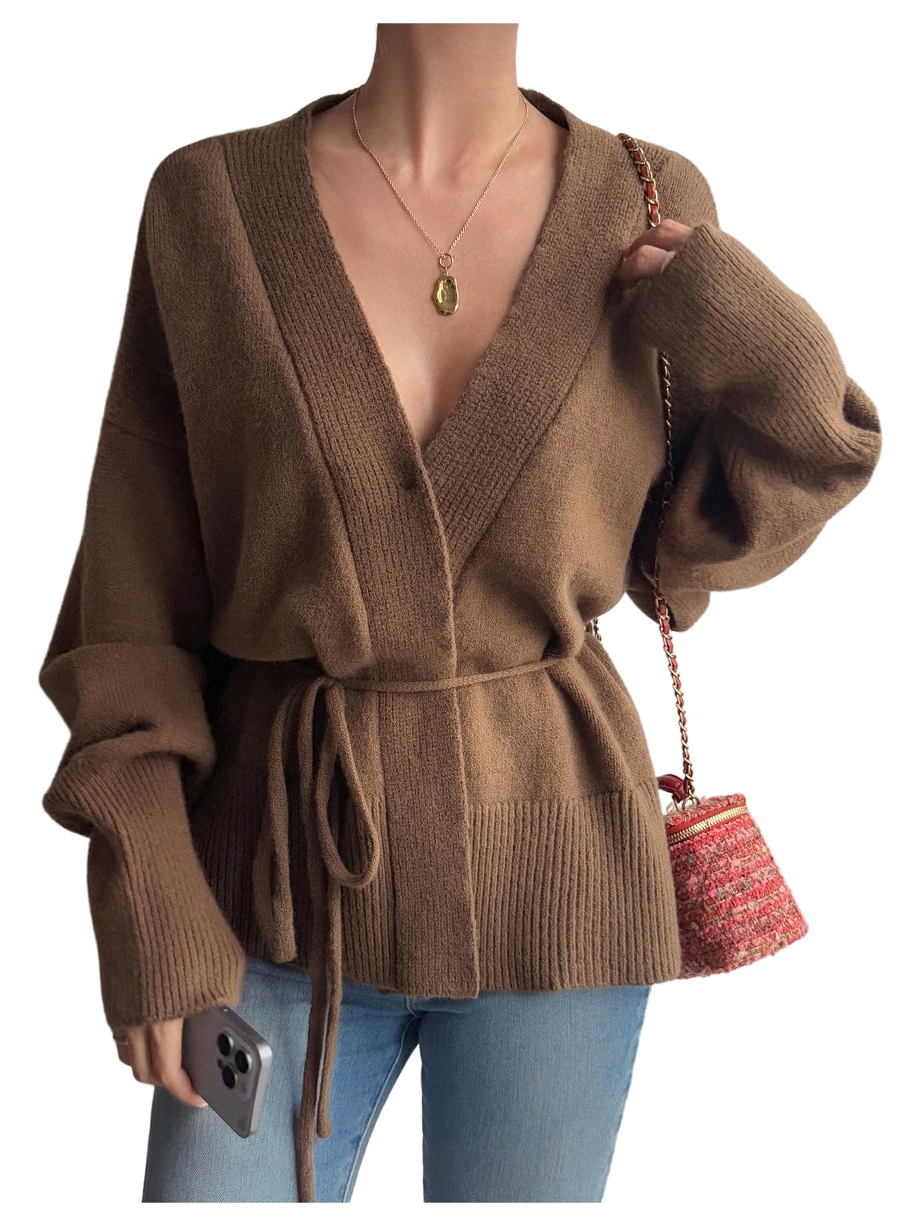 MakeMeChic Womens Wrap V Neck Cardigan Tie Front Long Sleeve Belted Old Money Sweater