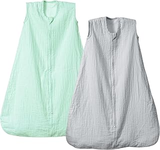 PHF 100% Muslin Cotton Baby Sleep Sacks, 0-6 Months Sleep Sack with 2-Way Zipper, 2 Pack Cooling Unisex 0.5 TOG Breathable Small Size Sleeveless Baby Wearable Blanket, Grey & Green