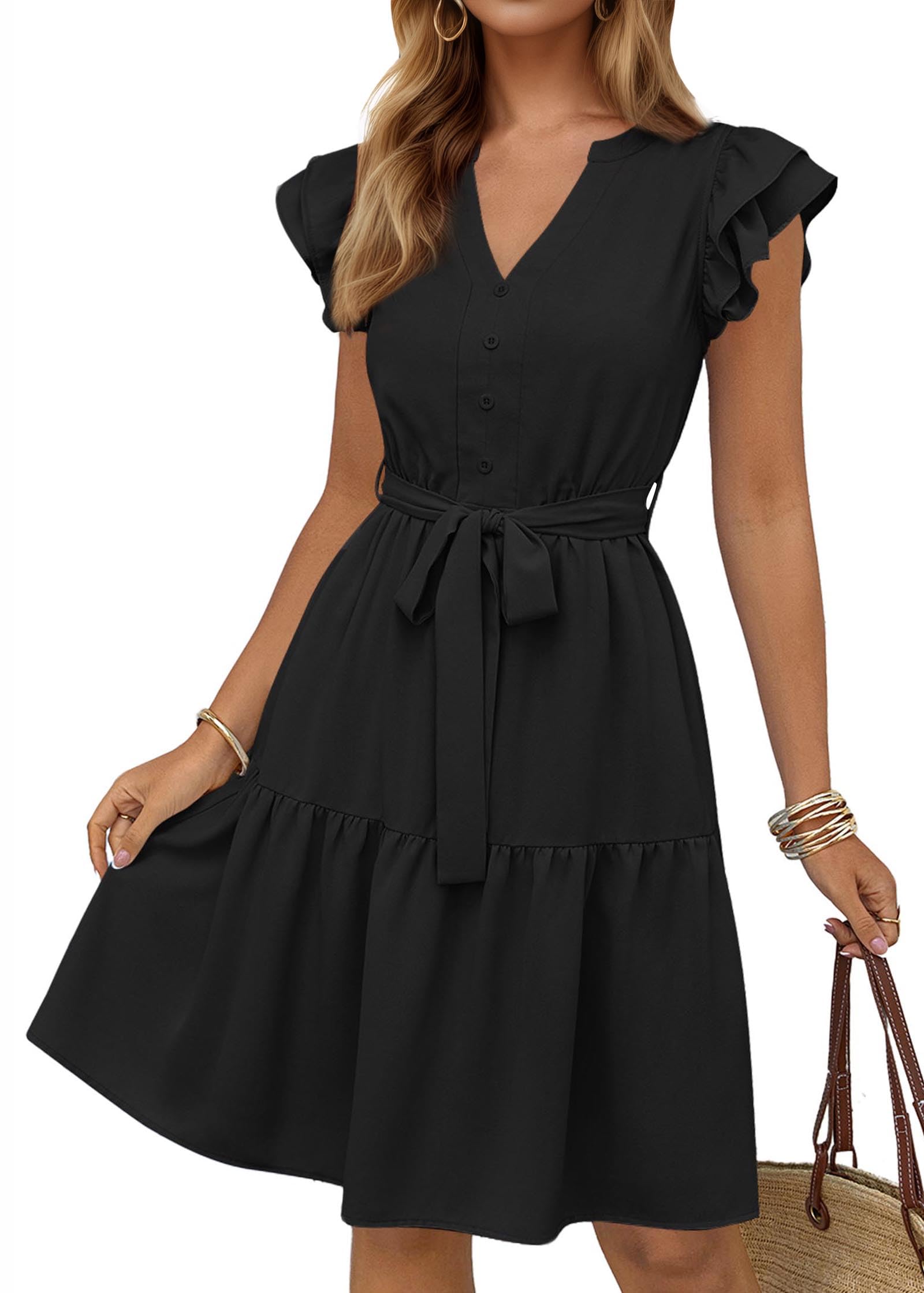 KIRUNDO Women Flutter Sleeve Summer Dress 2025 Spring V Neck Ruffle Flowy Tiered Knee Length Belted Beach Vacation Sundress