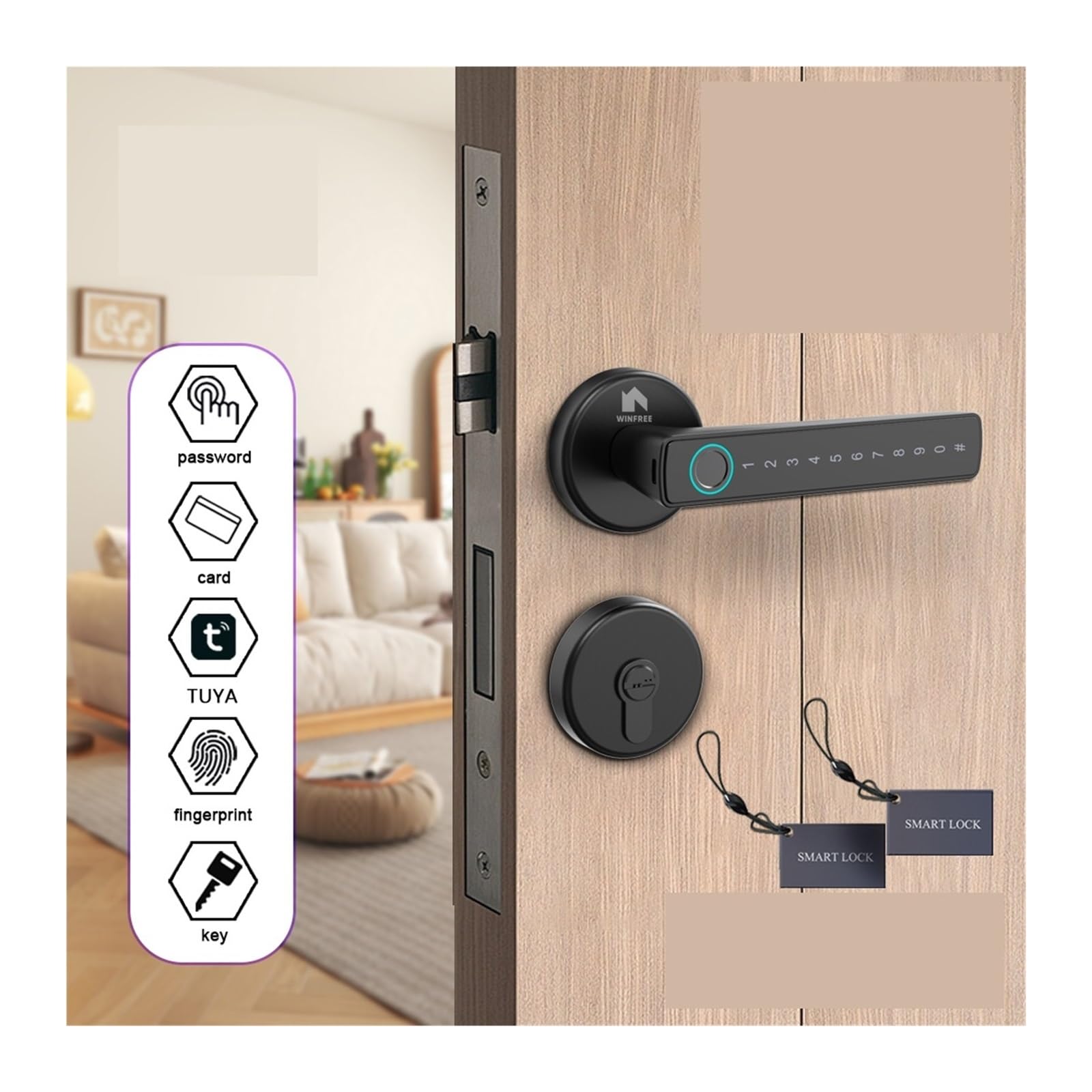 Serrure intelligente à empreintes digitales, entrée sans clé, Bluetooth, for porte de bureau, maison, code d'accès, carte numérique(Zwart)