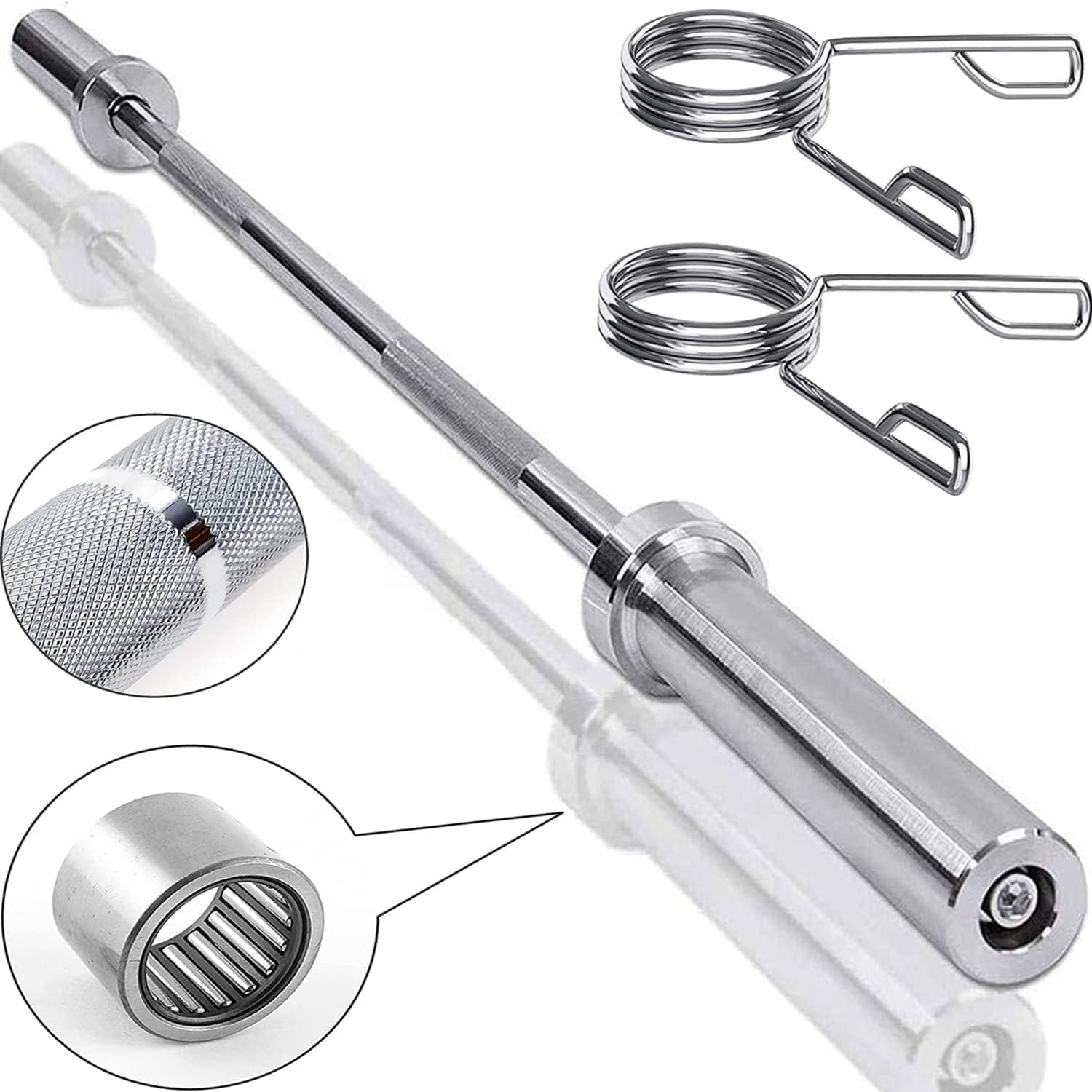 MAXSTRENGTH Olympic 2" Barbell Bar With Spring Lock Collars ideal for Weight Lifting Bodybuilding Chrome Mens Workout Fitness Training Heavy Duty Exercise Equipment (7ft)
