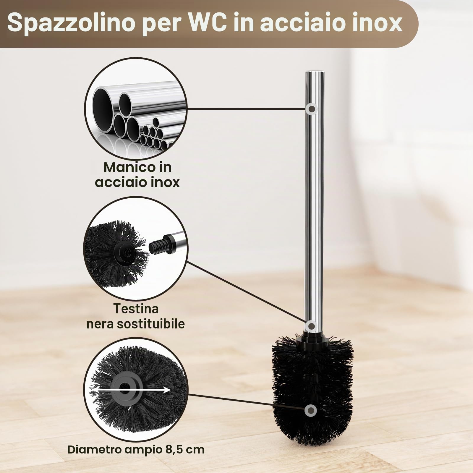 Porta Carta Igienica in Piedi Argento Con Spazzola - Set WC Con Scopino, Vassoio e Porta Rotolo