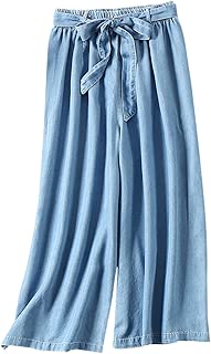 Gihuo Women's Elastic Waist Cropped Tencel Denim Wide Leg Culottes Pants