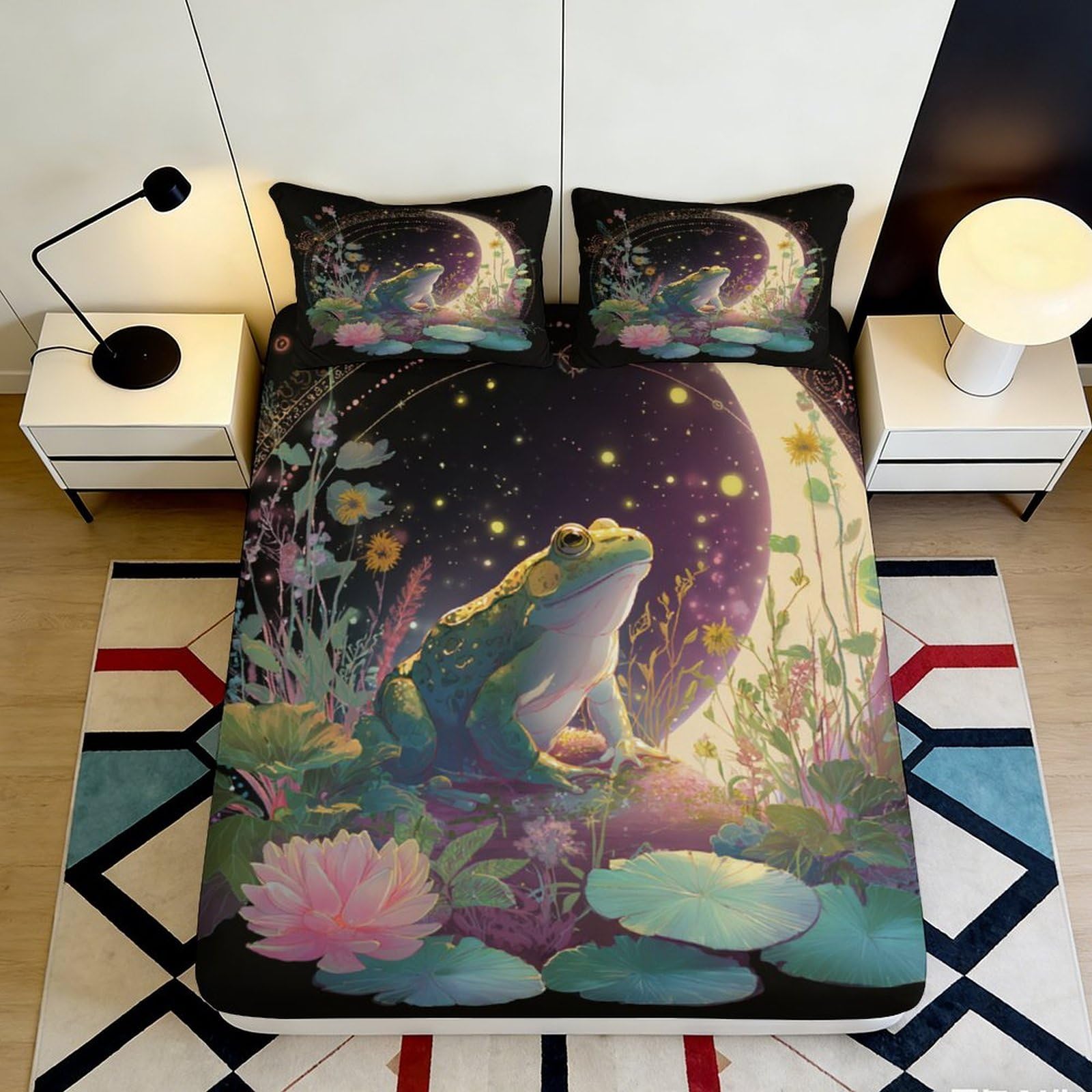3D Printed Frog Moonlight Fitted Sheet Microfiber Soft Botanical Pond Mattress Cover for Bedroom Dorm Home Decor 90x200x25cm