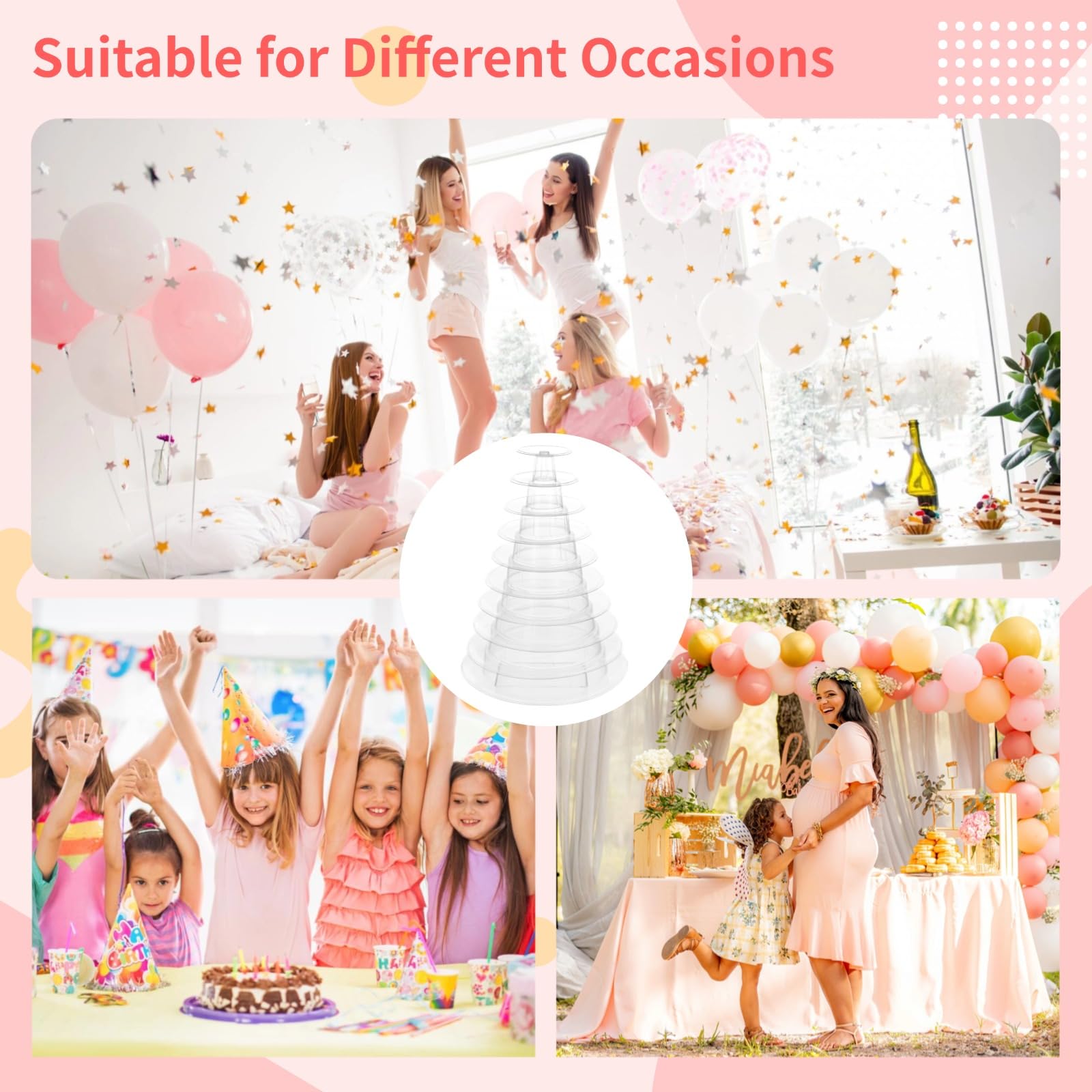 10-stöckiger transparenter Macaron-Präsentationsständer, Kunststoff-Macaron-Tabletttt, Turm mit Edelstahl-Servierzange, transparentes rundes Macaron-Display-Rack, Cupcake-Dessertständer für Hochzeiten