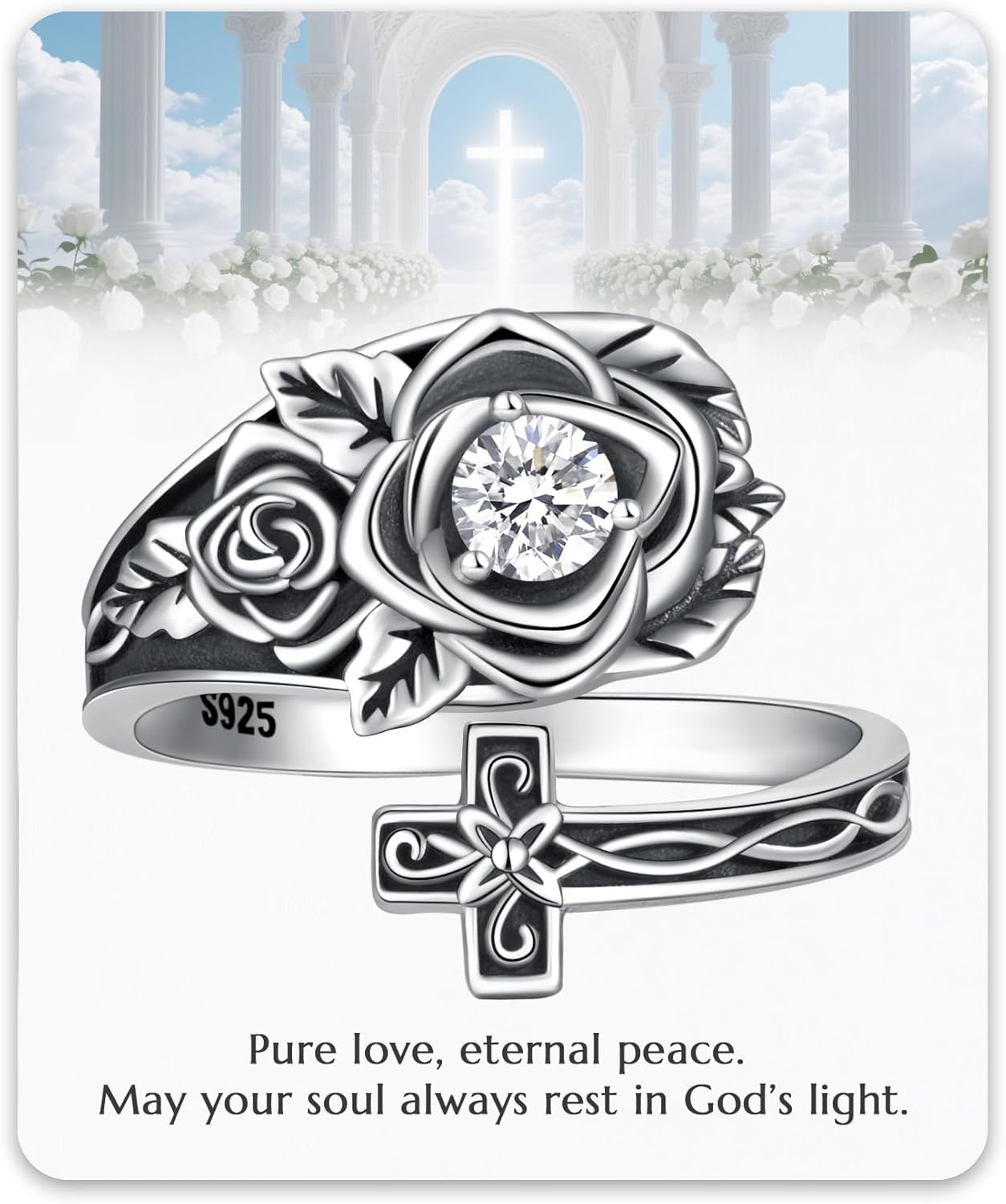 925 Sterling Silver Adjustable Spoon Ring for Women Vintage Rose Cross Birthstone Victorian Jewelry Gift for Birthday Christmas Anniversary