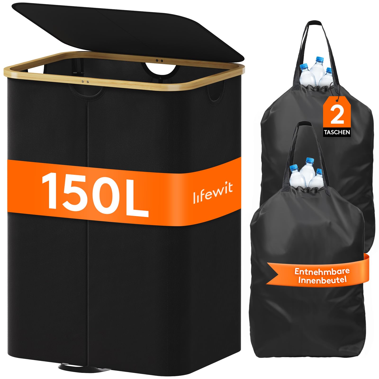 Lifewit 150L Pfandflaschen Sammelbehälter 2 fächer mit Deckel, Groß Pfandflaschen Behälter 2 Tragetasche für ErhaltenFlaschensammler eignet Sich für Küche, Küche Abstellraum Flaschentasche, Schwarz