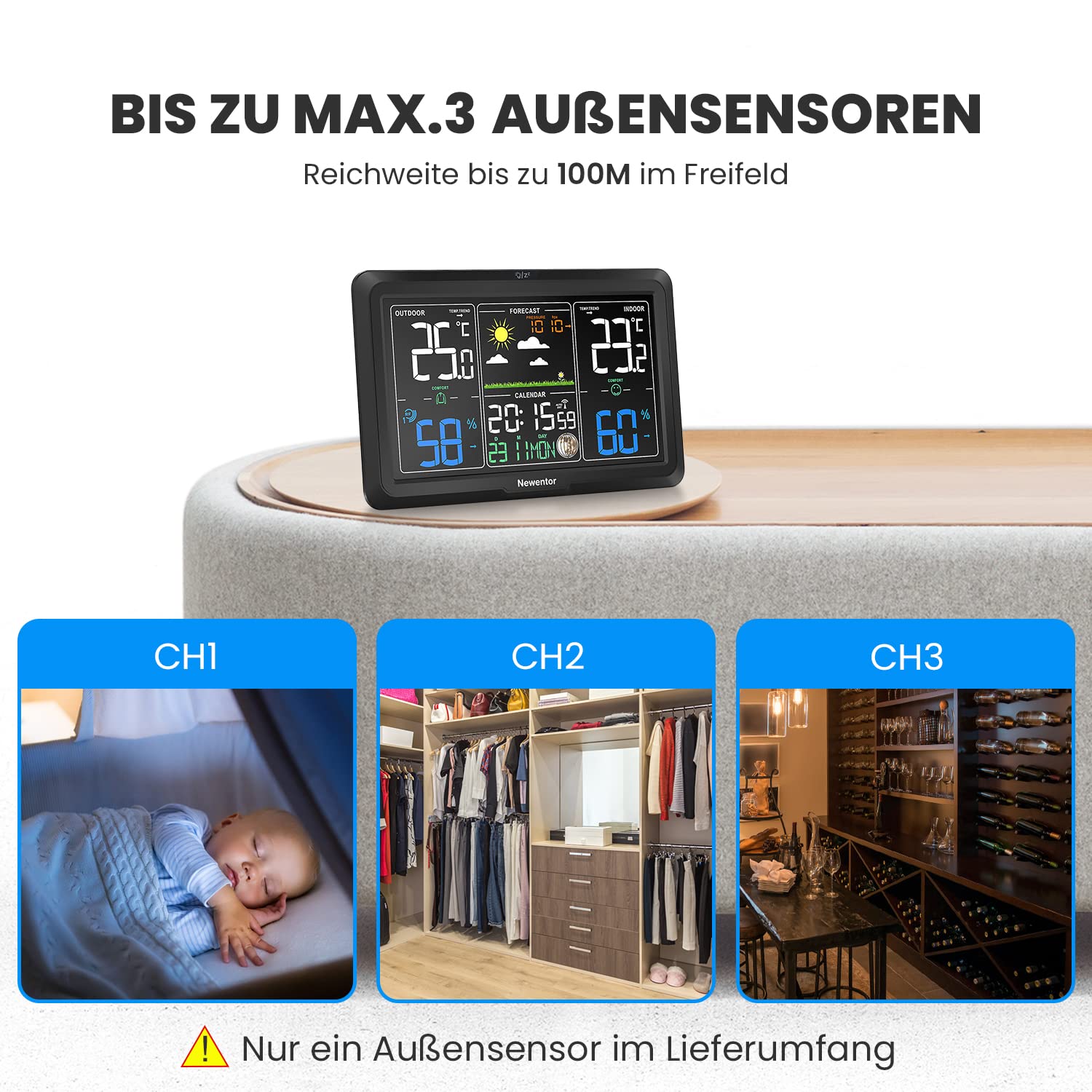 Newentor Wetterstation Funk mit Außensensor - Lebenslange Außensensor-Garantee - Lebendiges VA-Display für 330°Ablesbarkeit - Dauerhafte Beleuchtung, Schwarz