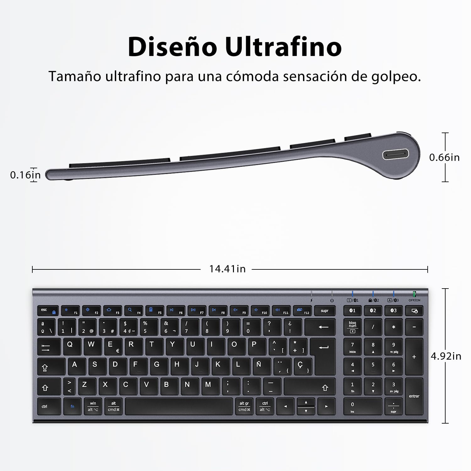 iClever Teclado Bluetooth BK10, Inalámbrico QWERTY Español Teclado Multi Dispositivo Recargable Diseño Ergonómico Tamaño Completo Conexión Estable Teclado para Mac/iPad/Windows grisáceo