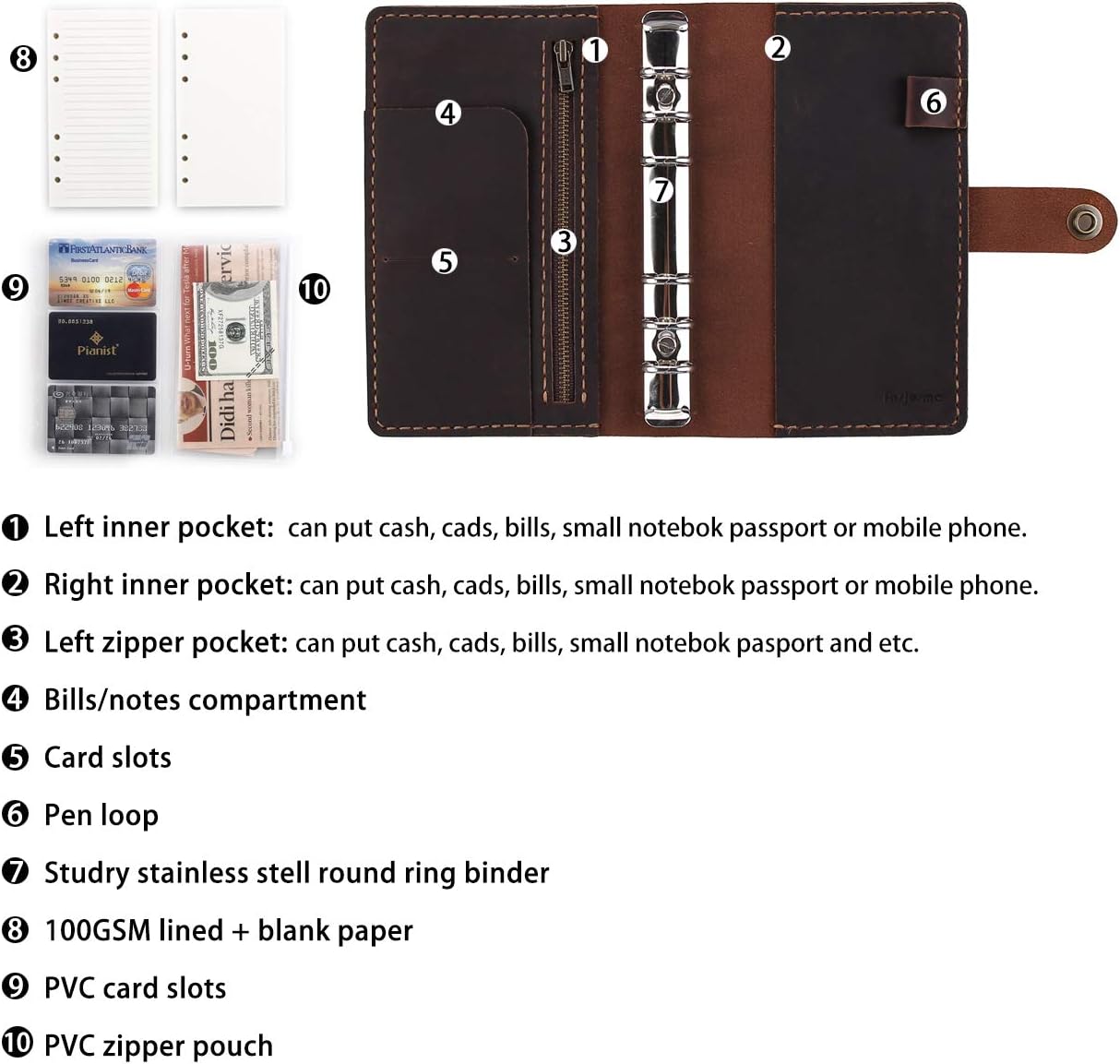 Leather Journal Notebook Refillable A6 Personal Size Traveler's Notebook with Pockets 6 Ring Binder Planner with Pen Holder - COFFEE