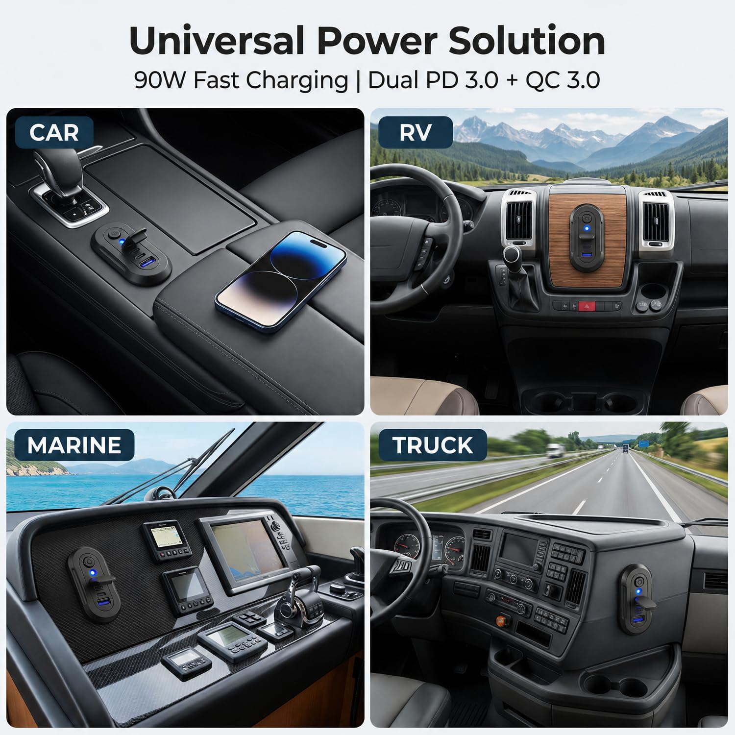 90W 12V RV USB Outlet 3 Port Wall Mount Quick Car Charger Waterproof image 4