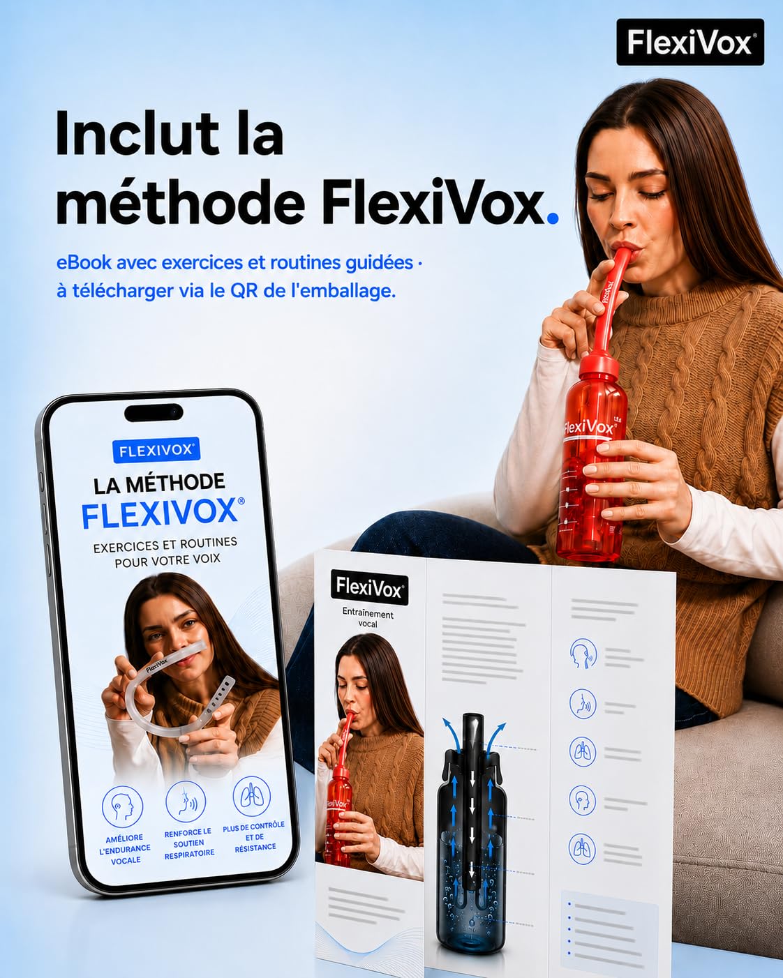 FlexiVox® compatible avec Méthode Lax Vox | Idéal pour l'Entraînement Vocal SOVT | Chanteurs, Orthophonie et Thérapie Vocale | Kit: Tube, Flacon Gradué, Brosse, Sac et eBook (espace Noir)