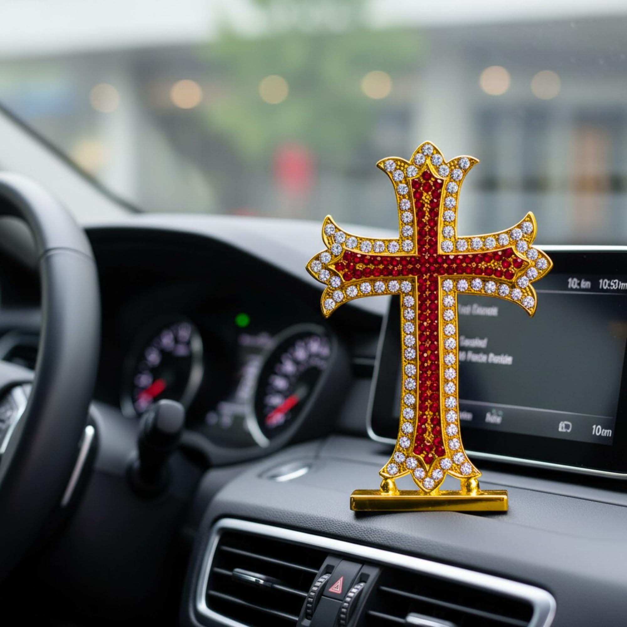Stone-Studded Christian Cross for Car Dashboard – Gold-Plated Holy Cross with Red & White Crystal Jewellery Work | Table Decor, Home & Office Blessing Ornament (Red & White Stone Cross)-image-30