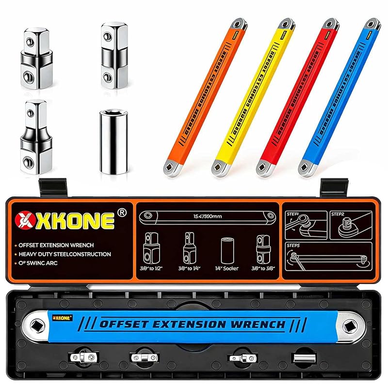Chave de extensão deslocada XKONE para espaços estreitos, acionamento de 0°, azul, com adaptadores e soquete
