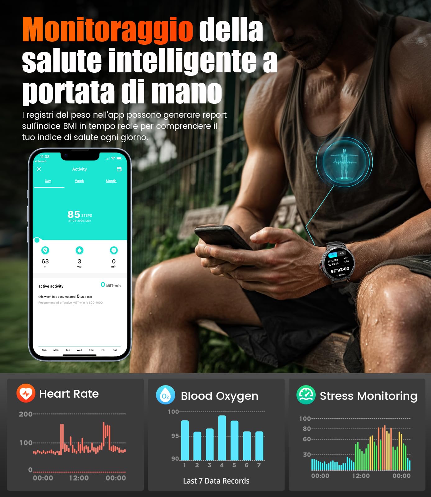 SUNKTA Smartwatch da uomo Militare 1000 mAh grande batteria da 1,7" HD Bluetooth chiamate orologio intelligente per iOS Android con torcia LED, frequenza cardiaca/monitor/contapassi, grigio