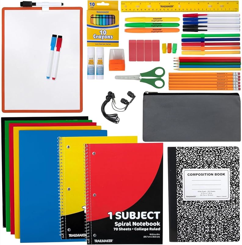 Trail maker Back to School Supplies 60 Piece Bundle Kit for Girls, Boys, Kids, Back to School Supply Box Set Includes Notebooks, Folders, Composition Book, Headphones, Ruler, and More | Includes notebooks, folders, composition book, headphones, ruler and many more handy classroom essentials for girls and boys