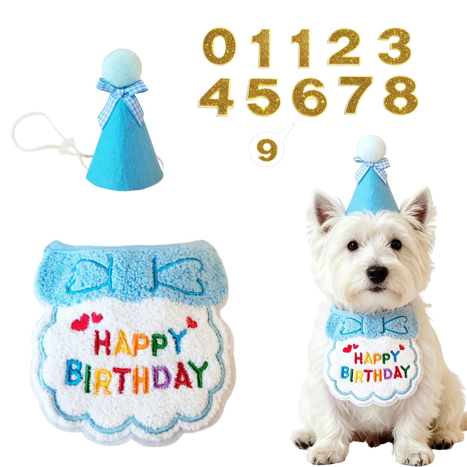 LEBKFT Adjustable Dog Birthday Hat Bandana Set, Reusable Puppy Cat Party Accessories Celebration Decor with Glitter Numbers Give It along with The Birthday Cake as Gift for Beloved Pet (Blue apron)
