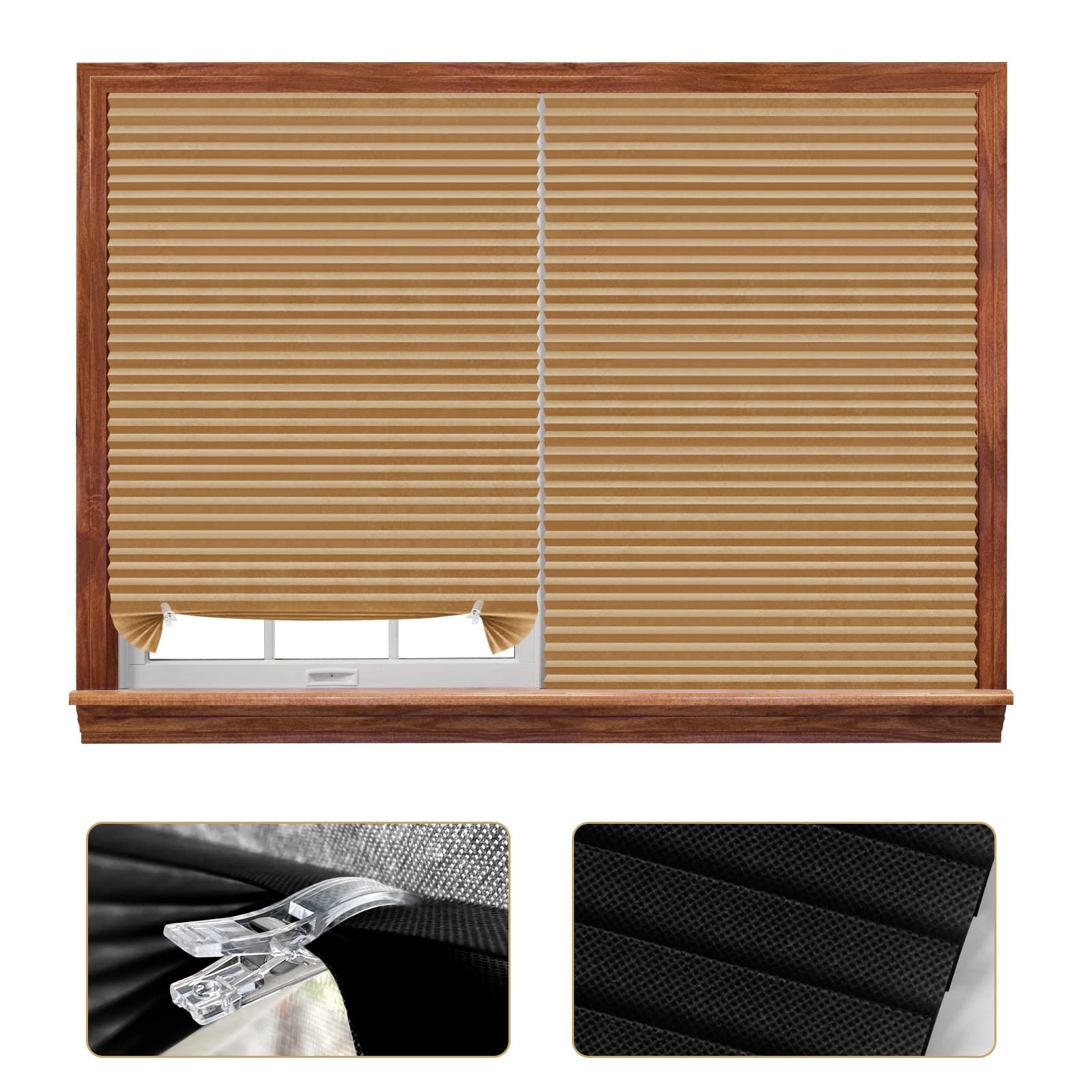 Lot de 2 stores occultants temporaires plissés à coller instantanément, filtrant la lumière, protection de la vie privée avec 4 clips pour salle de bain, salle de bain, bureau, stores plissés sans pe