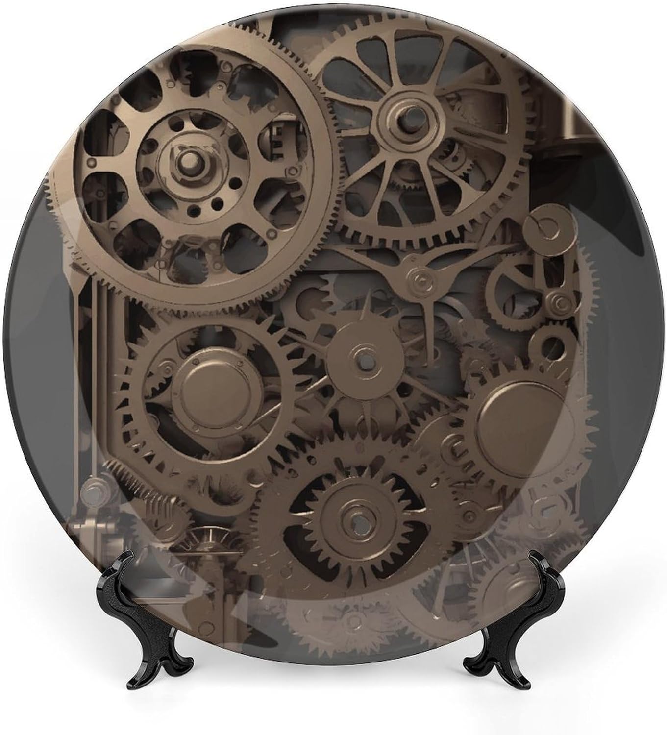 Steampunk Mechanical Gears Decorative Plates for Display Round Porcelain Plate Living Room Table Ceramic Hanging Decorative Plate Art Decor for Living Room Table with 1 Display Stand 8inch