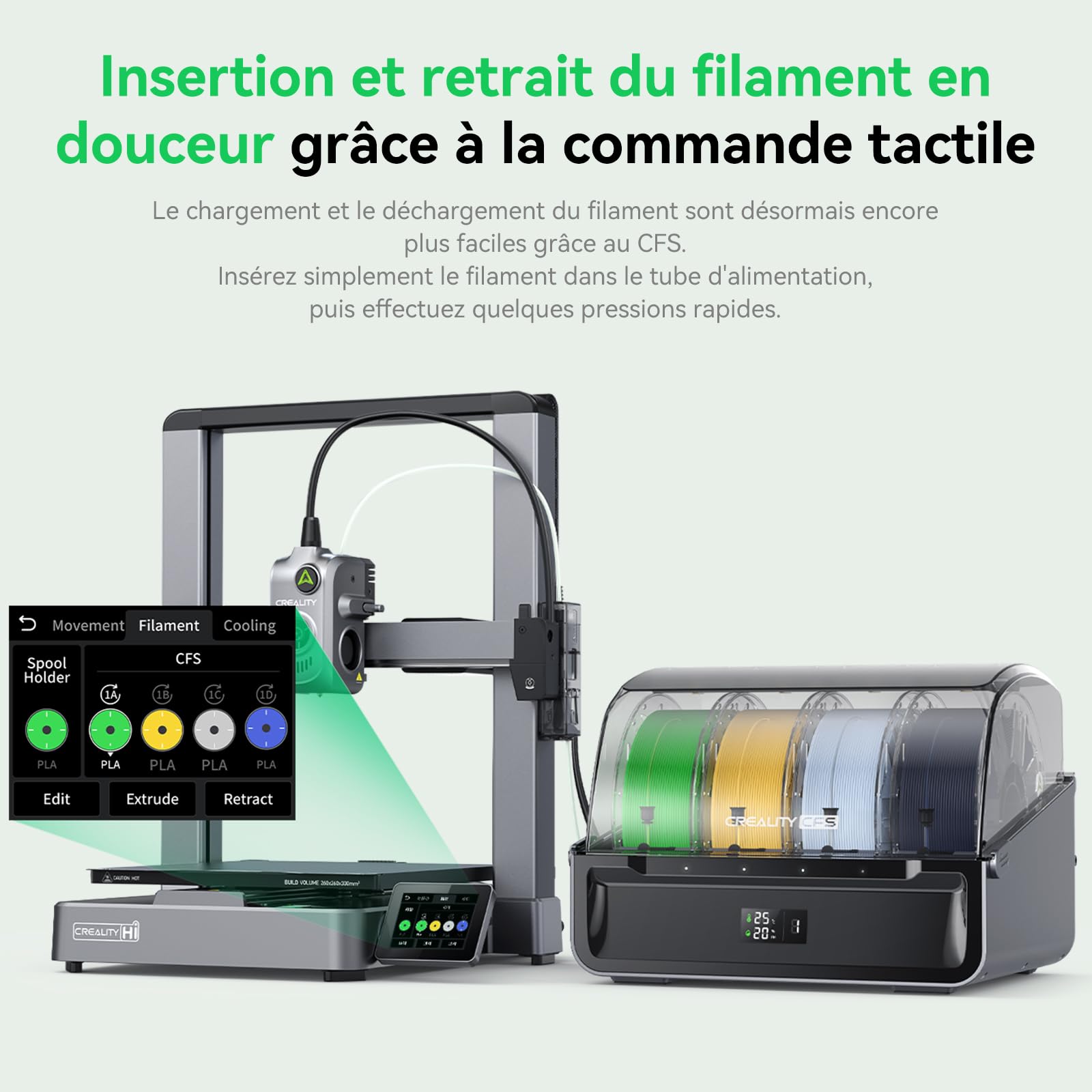 Creality Hi Combo (A) Imprimante 3D, CFS Multicolore Impression, Mise à Niveau Automatique, Haute Vitesse 500mm/s, Lecture Automatique du Filament, 95% Pré-Assemblée, Construction 260x260x300mm