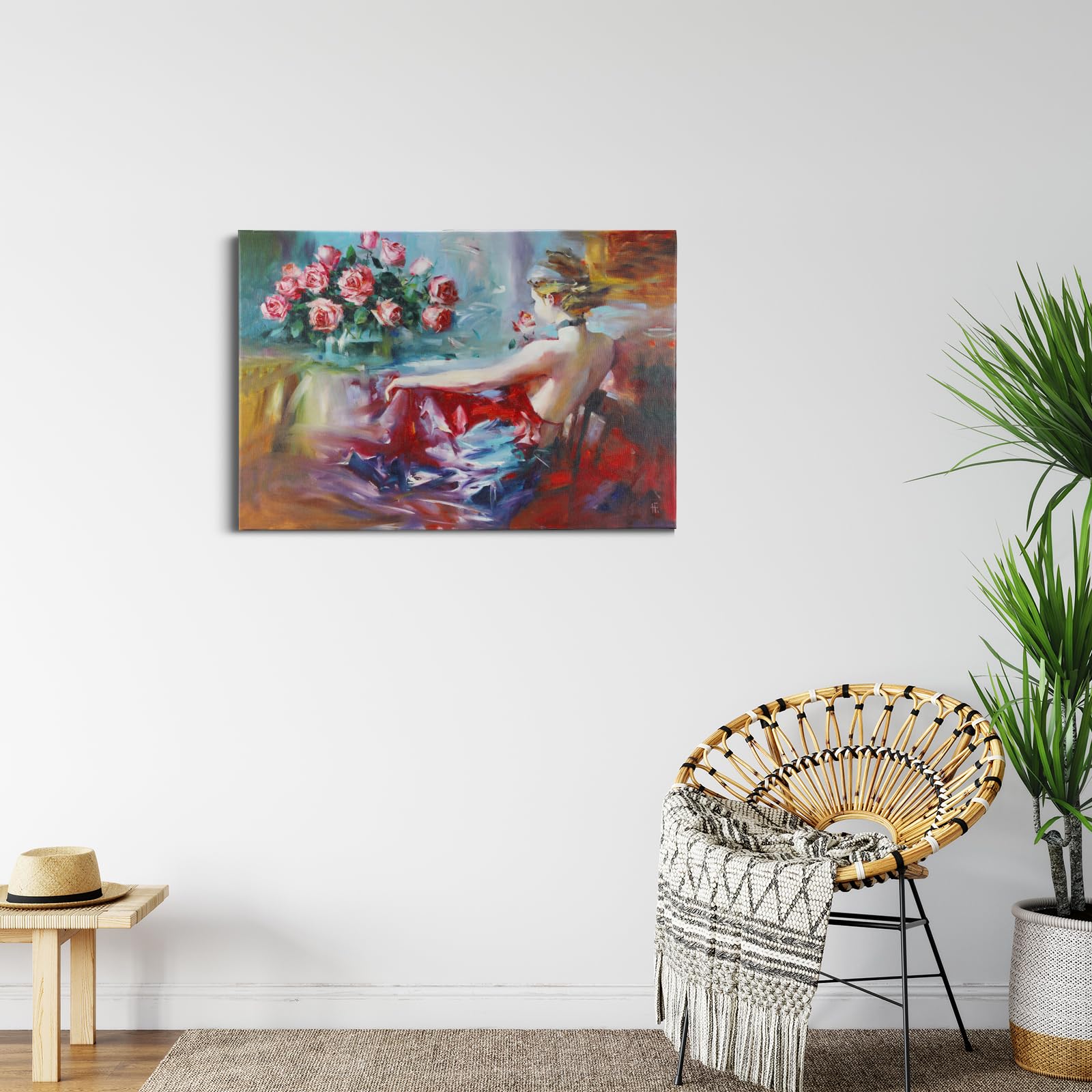 JBER Sztuka ścienna na płótnie, dekoracja stołu ściennego do sypialni, salonu, piękny prezent, obraz olejny na płótnie do pokoju - 60 x 40 cm (pełna wdzięku czerwona sukienka)