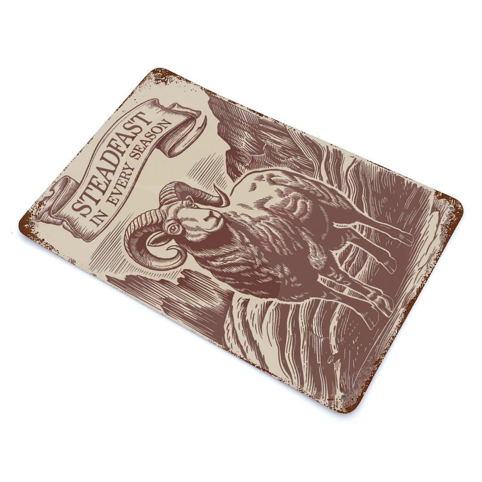 Steadfast Ram Illustration Aged Metal Wall Plaque 11.8"x7.9", for Living Room, Hallway And Home Decor, Shabby Chic Decor