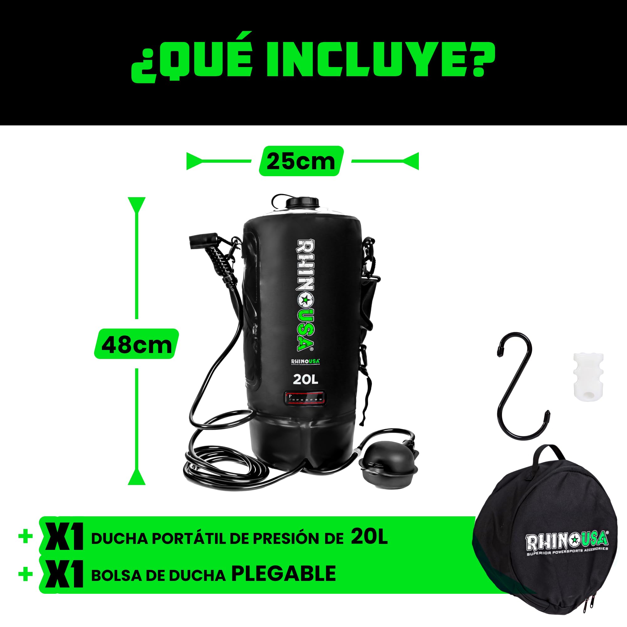 Rhino USA Ducha solar portátil de 5 galones/20 litros, esencial para camping, festivales, aterrizaje, viajes a la playa, ducha al aire libre y mucho más