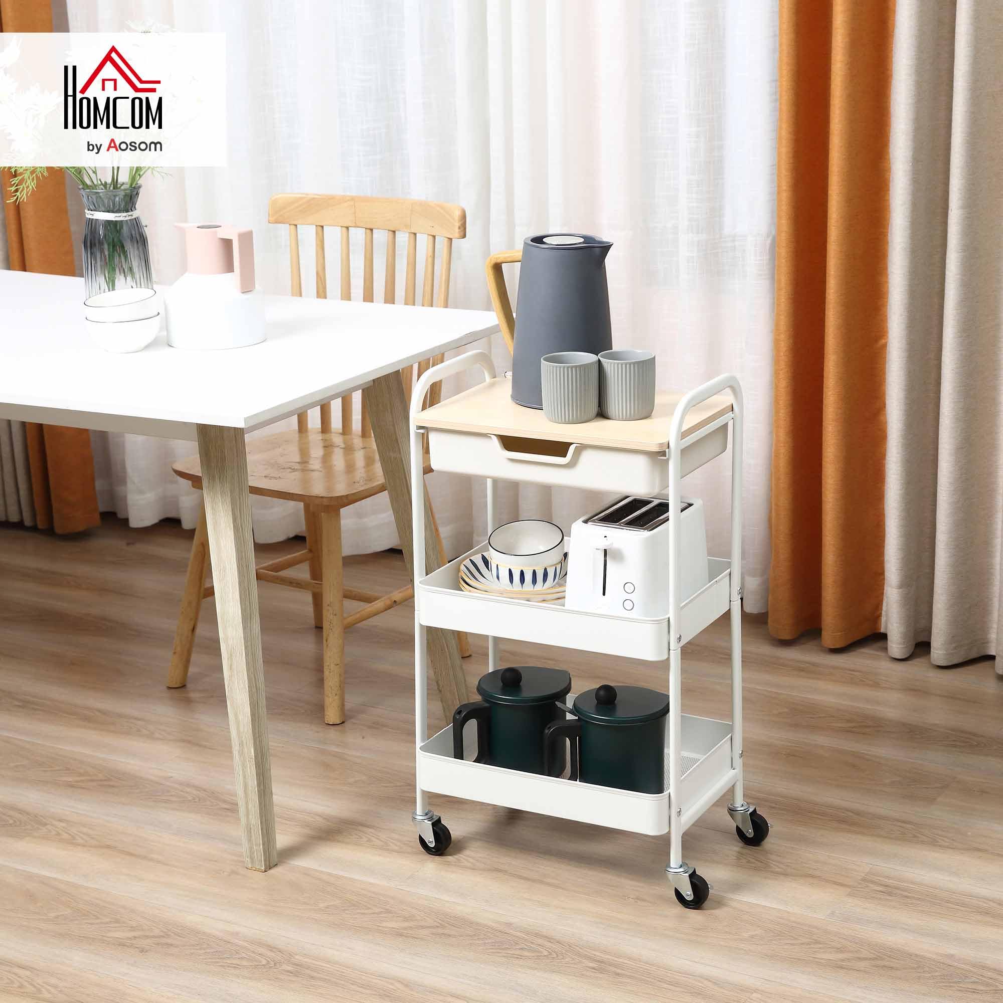 HOMCOM Carrito de Cocina con Ruedas Carro de Almacenamiento con Cajón Extraíble 2 Cestas y Frenos para Baño Salón Dormitorio 43,9x30,5x75,6 cm Blanco
