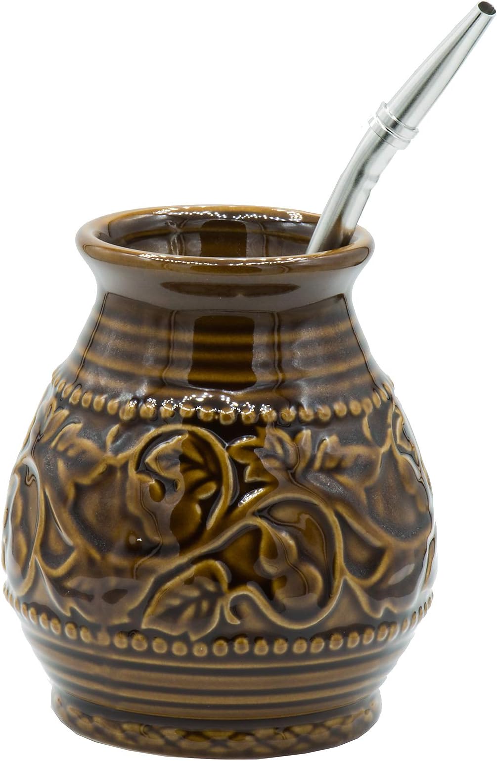 Ceramic Yerba Mate Gourd Set — Handmade Embossed Calabash Cup with Bombilla, Glazed Clay Mug for Hot and Cold Drinks (Brown With Straw)