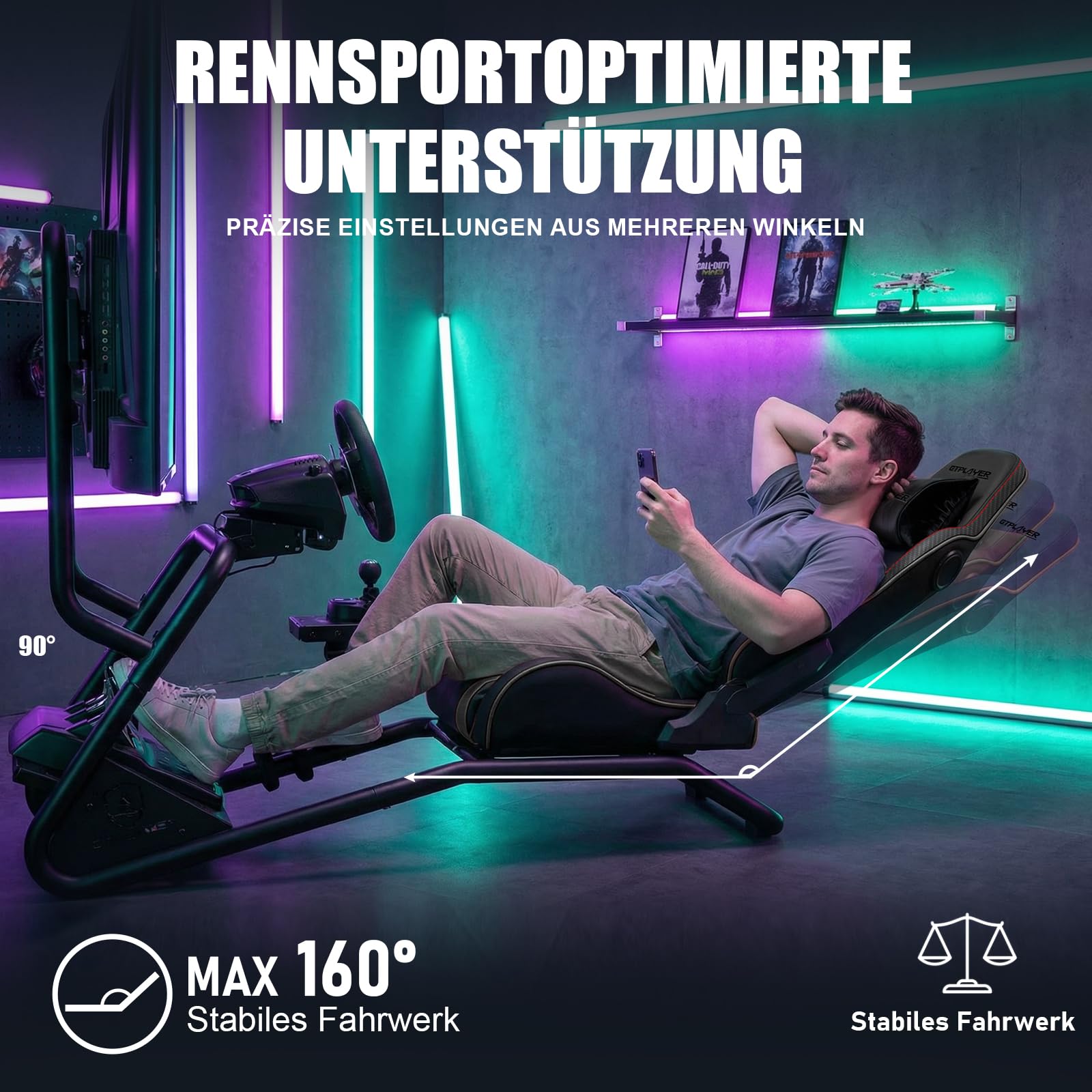 GTPLAYER Simulator Cockpit Rennsimulator Lenkradständer mit 3D-Stereo-Lautsprechern, Monitorhalterung, verstellbarer Lenkradhalterung, Schalthebelhalterung und Fußpedalen (Schwarz)