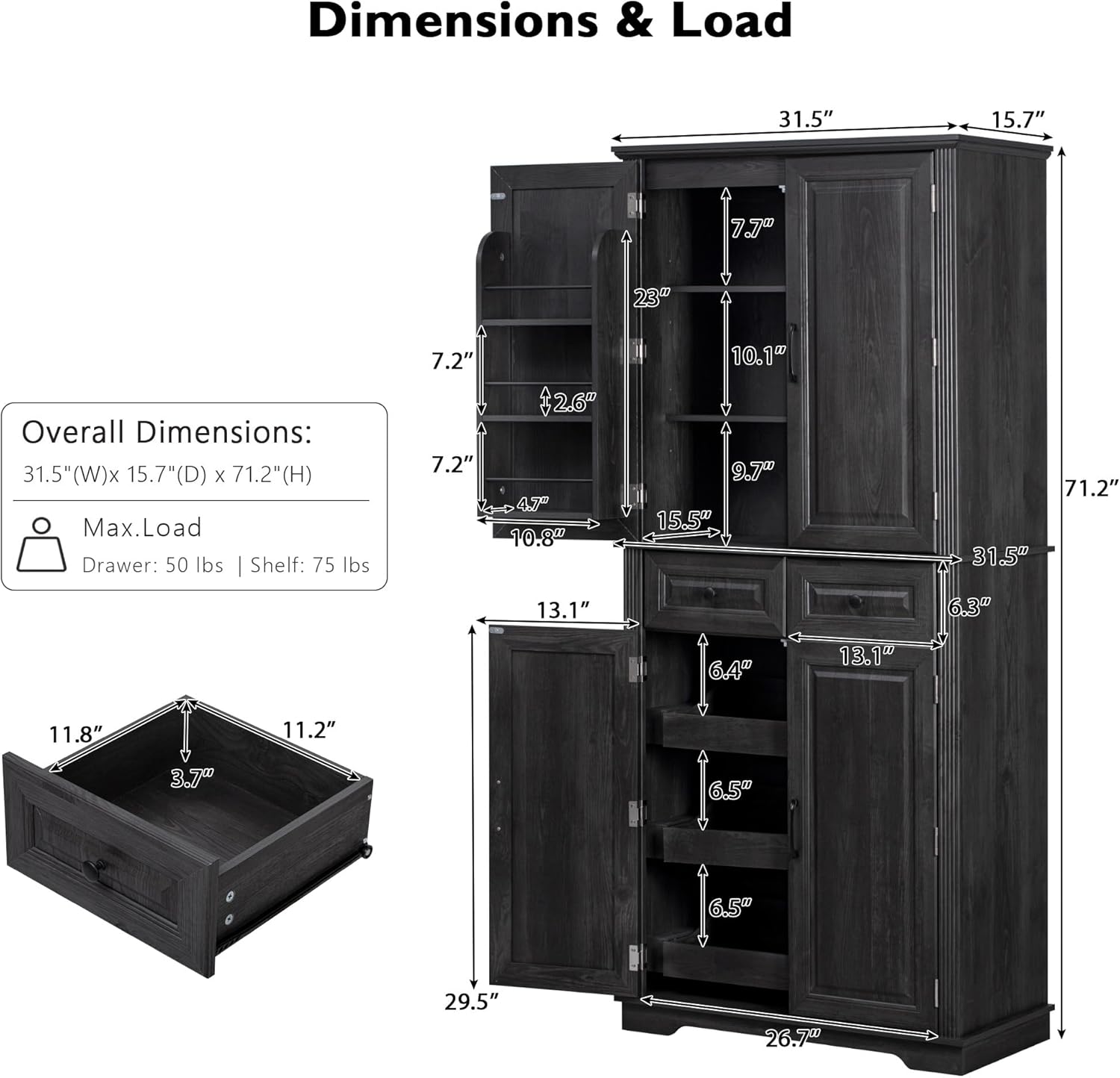 71" Tall Kitchen Pantry Cabinet with 3 Pull-Out Organizers, Embossed Texture Storage Cabinet with 6 Door Shelves, 2 Drawers, Freestanding Cupboard for Kitchen and Dining Room