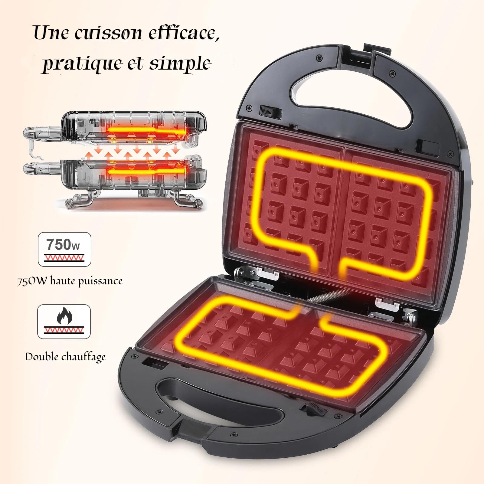 OKYUK Gaufrier, Gauffrier multifonctions 750W avec 6 plaques de gril antiadhésives amovibles, machine a panini répondant à différents besoins de petit-déjeuner