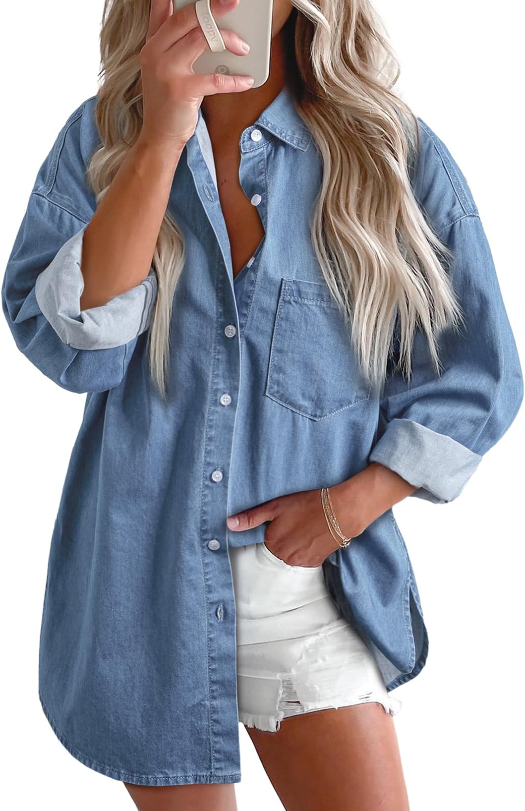 Women Denim Shirts Button Down Blouse V Neck Casual Tops