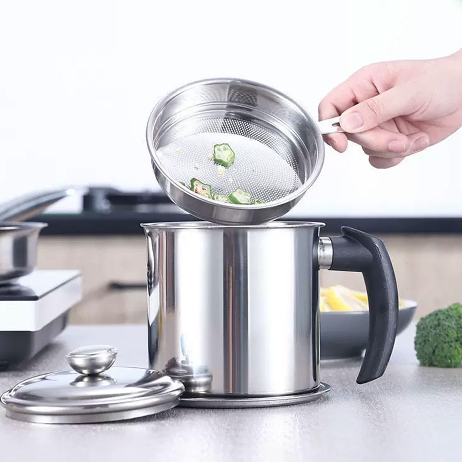 2 recipientes coladores de aceite, recipiente de acero inoxidable de 1.3 L con colador, recipiente de grasa de tocino con tapa y placa antideslizante