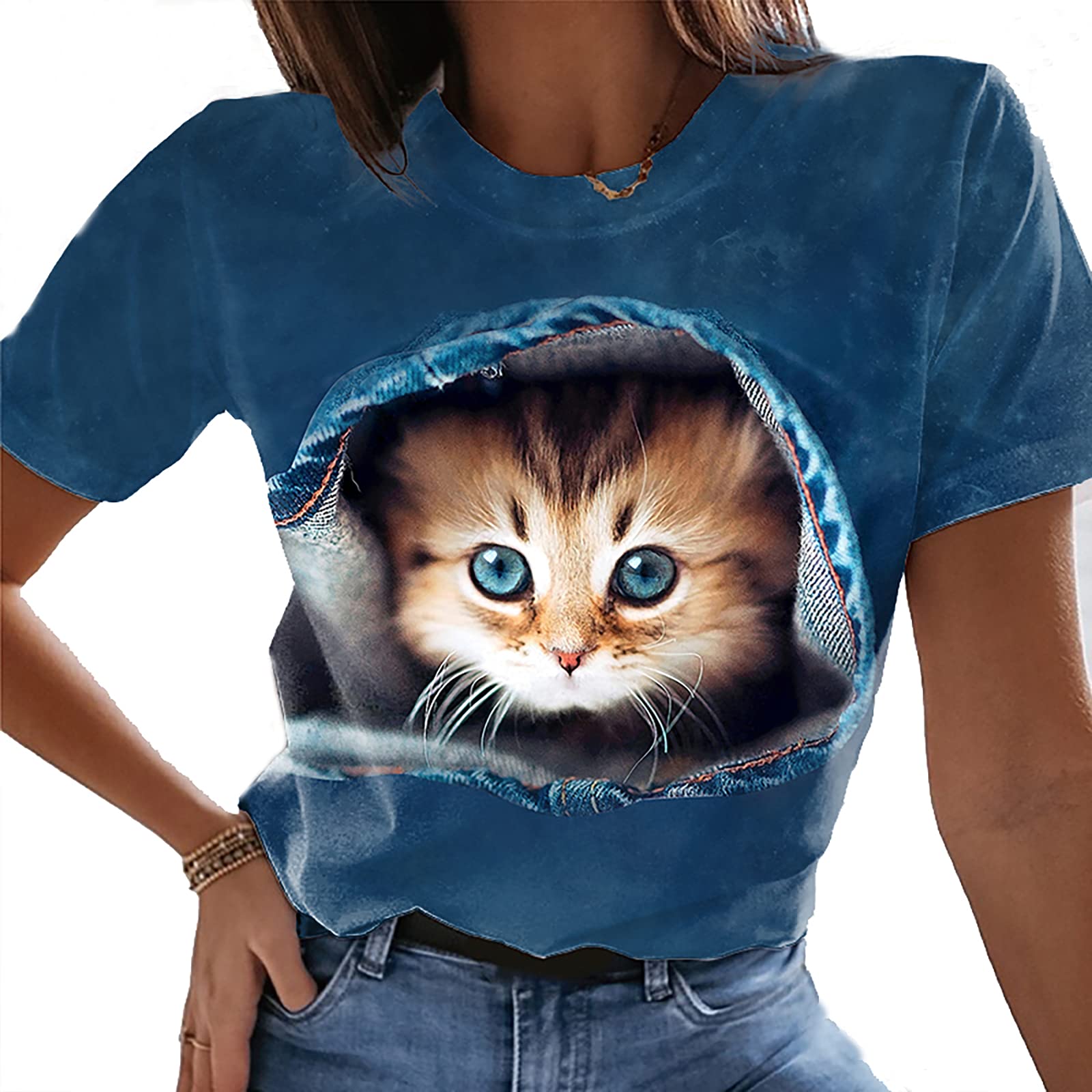 Cat Printed Tshirt キャットプリントTシャツ K15TS771 Amazon.com: TS 3D Cat Print Shirt Women Printed Tee Shirts for