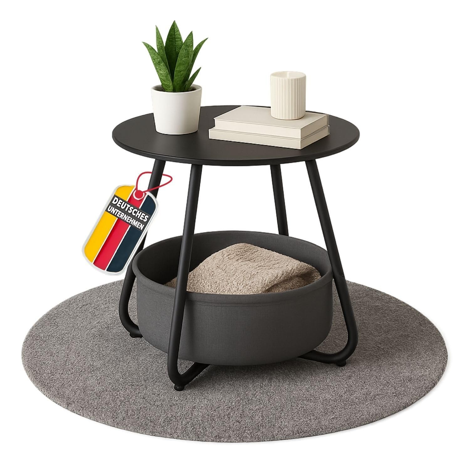 Coemo Couchtisch KOSI aus Metall Ø45x45cm mit Aufbewahrungskorb, Schwarz