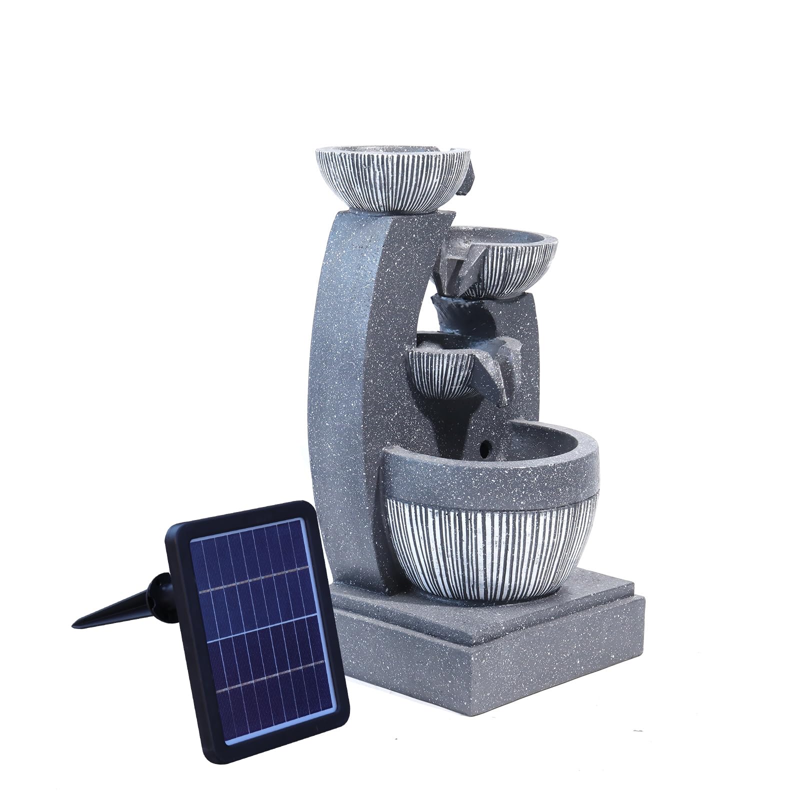 Warmiehomy Solar Water Fountain, 4 Tier Solar Water Feature, Waterfall with Solar Powered Pump and LED Lights for Outdoor, Garden Fountains and Water Features, Height 47CM, Grey