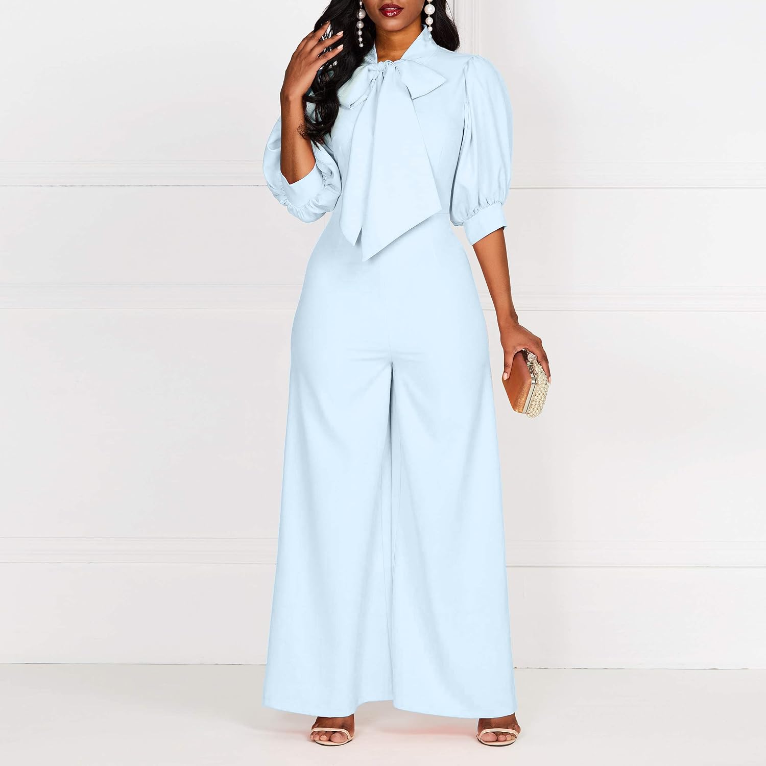 VERWIN Plain Dressy Full Length Bowknot Women's Jumpsuit High Waist Woman Romper image 2