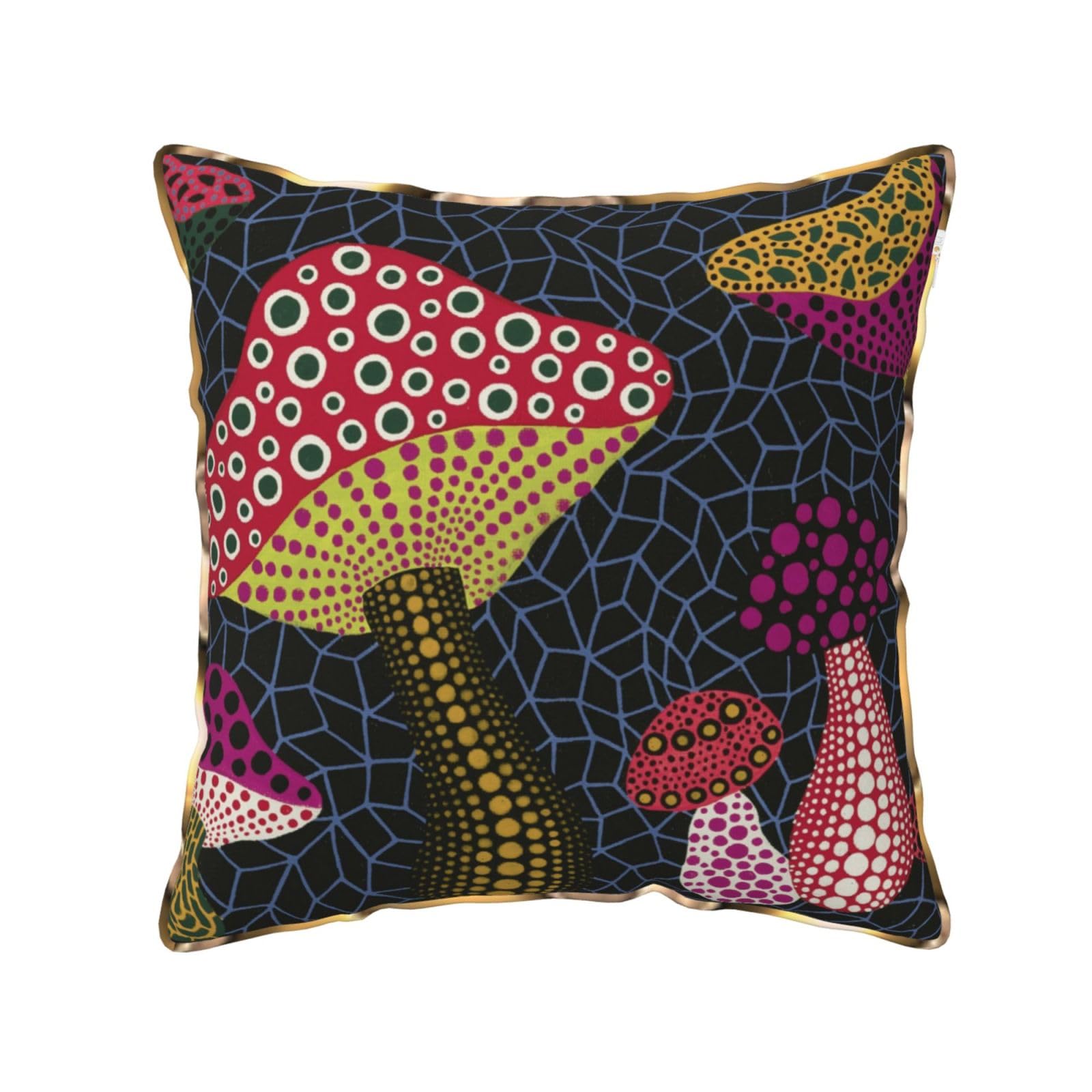 AUBKFELD Mushroom Printed Velvet Cushion Cover 40x40 CM with Gold Edging Strip, Square Pillowcase Soft Throw Pillow Covers Case Decorative for Living Room Sofa Couch Bed Bench