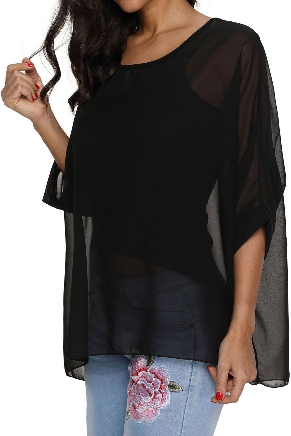 Rokou Women Chiffon Blouse Floral Batwing Sleeve Beach Cover Loose Tunic Shirt Tops - Image 2