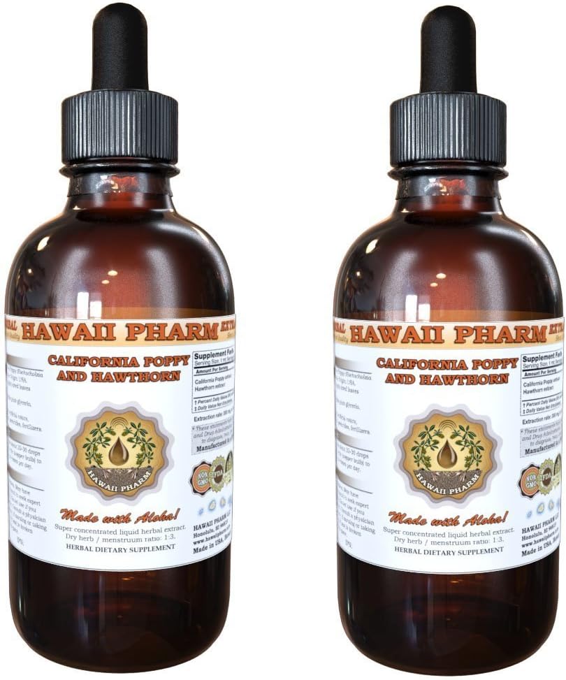 Hawaii Pharm California Poppy and Hawthorn Liquid Extract, California Poppy (Eschscholzia Californica) and Hawthorn (Crataegus Laevigata) Tincture, Herbal Supplement, Made in USA, 2x2 fl.oz