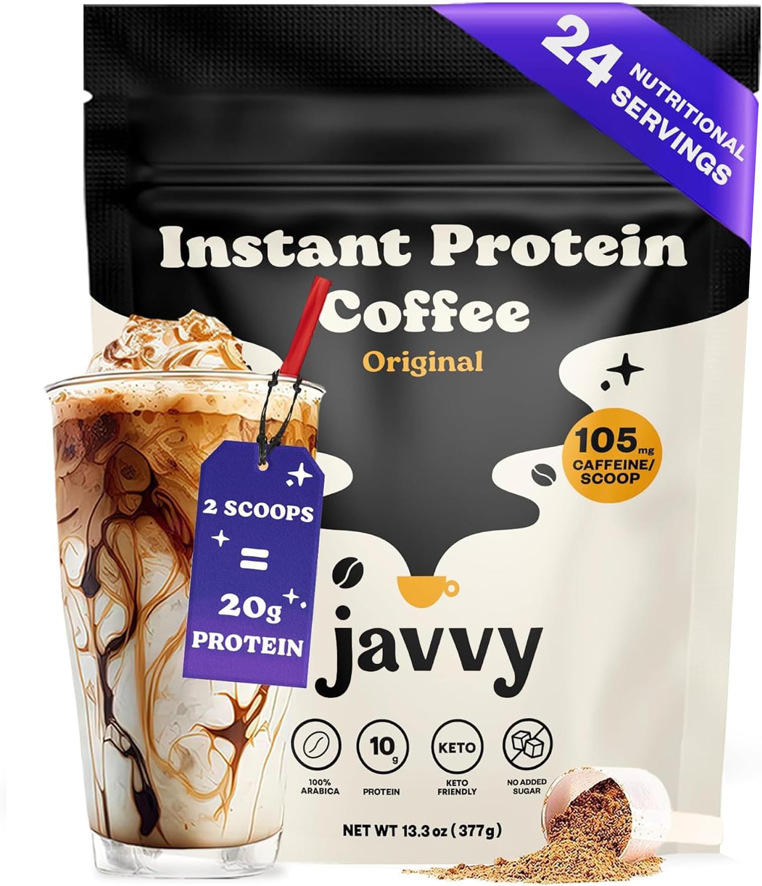 Javy Instant Coffee Protein Coffee - Premium Whey Protein & Instant Coffee - 100% Arabica Coffee - Zero Artificial Flavors & Sweeteners, 24 Servings