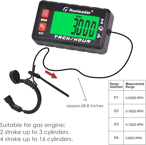 Miniatura 4 de Runleader Tacómetro digital de horas autoalimentado, recordatorio de mantenimiento, pantalla de retroiluminación, batería reemplazable para tractor
