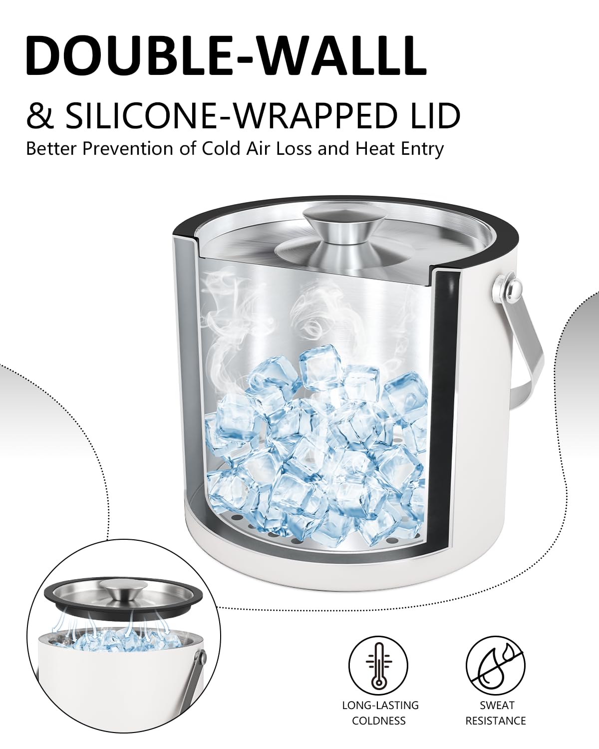 Bakpoco Cubitera de hielo aislada con tapa de silicona, cuchara, pinzas y colador, cubos de hielo de doble pared de acero inoxidable 3L para fiestas y cócteles, cubo de hielo champán con tapa para