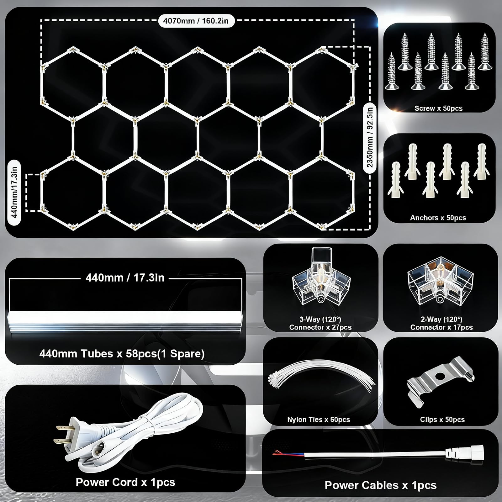 Luci LED Esagonali per Garage Plafoniera a Soffitto a Nido d'Ape, 442W 6500K Super Luce, Illuminazione Moderna per Officina Auto, Palestra, Bar, Camera Interno,3000k